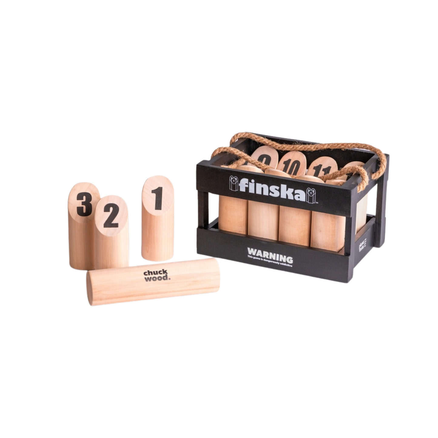 Finska in Charcoal Black outdoor throwing game set made from eco-friendly birch hardwood, includes 12 numbered pins, a throwing log, and a black painted carry crate.