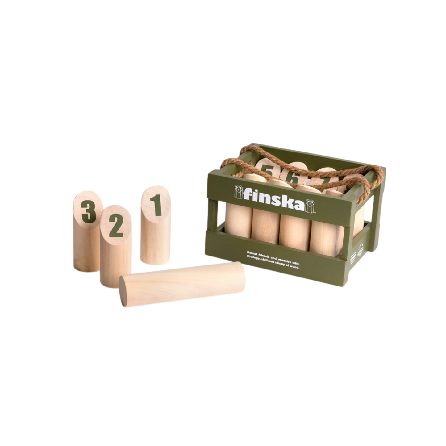 Finska in Moss Green outdoor throwing game set made from eco-friendly birch hardwood, includes 12 numbered pins, a throwing log, and a green painted carry crate.
