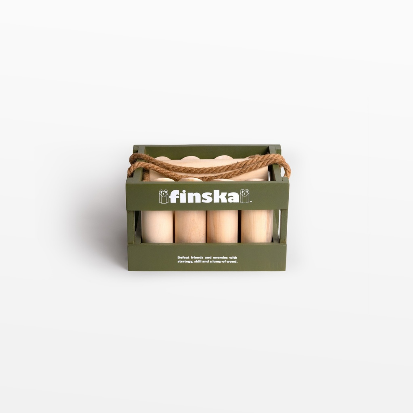 Front view of Finska in Moss Green outdoor throwing game set made from eco-friendly birch hardwood, includes 12 numbered pins, a throwing log, and a green painted carry crate.