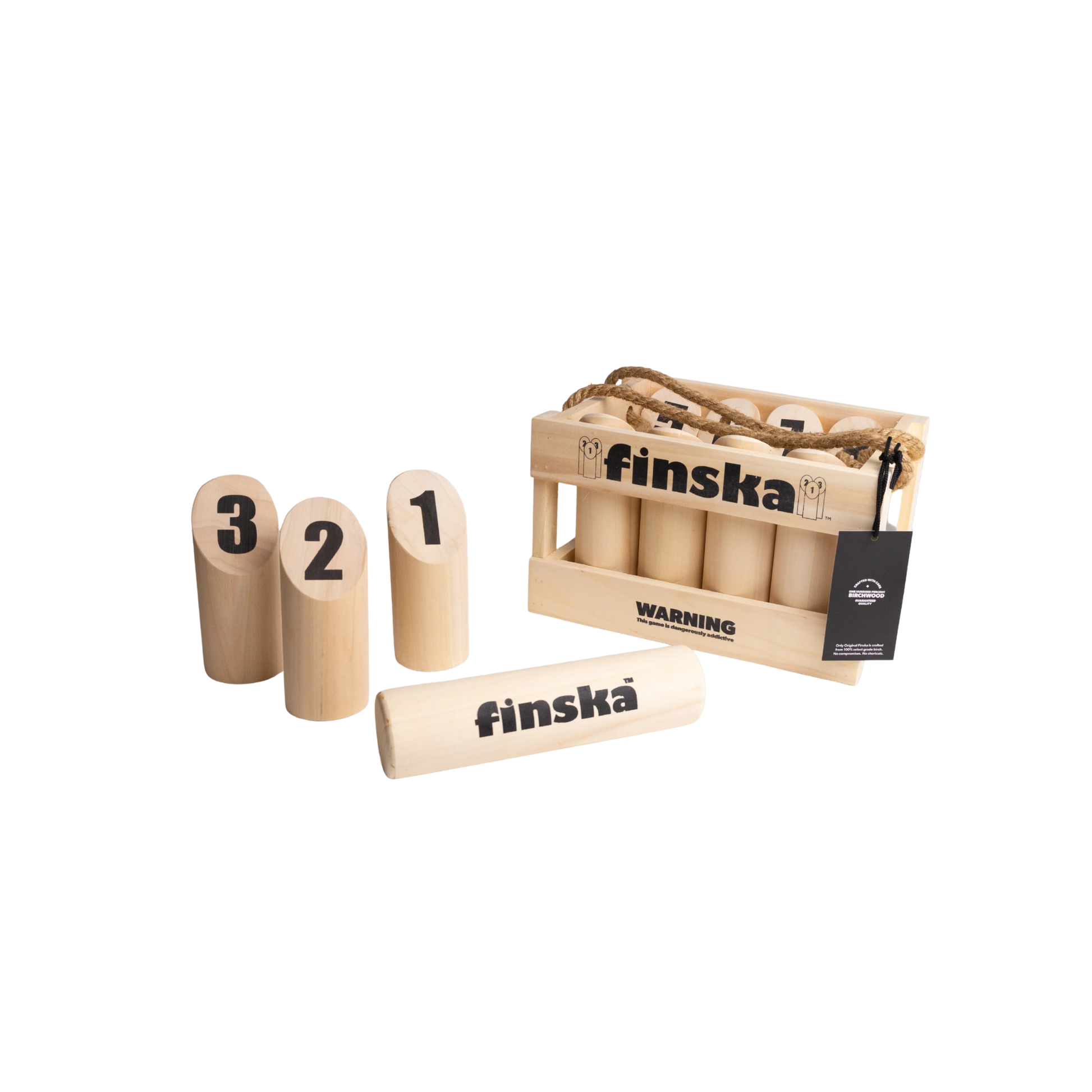 Original Finska natural birch outdoor throwing game set, includes 12 numbered pins, a Finska throwing log, birch carry crate, rule card, and score sheet. Traditional Finnish lawn game promoting strategy, skill, and fun for all ages.