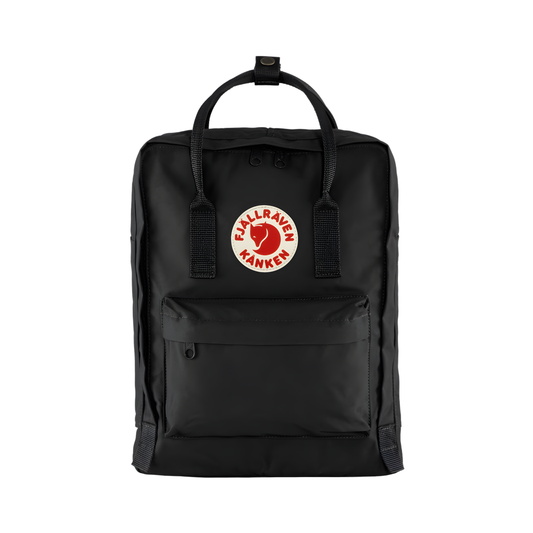 Front view of The Fjallraven Kanken Black Backpack made from hard-wearing Vinylon F fabric and features a spacious main compartment with a full-length zip, removable PE foam seat cushion, two flat side pockets, a zipped front pocket, adjustable shoulder straps, and top handles. Designed for school, work, trekking, and travel, it includes a reflective logo and an internal address label, making it a durable and practical backpack for everyday use.