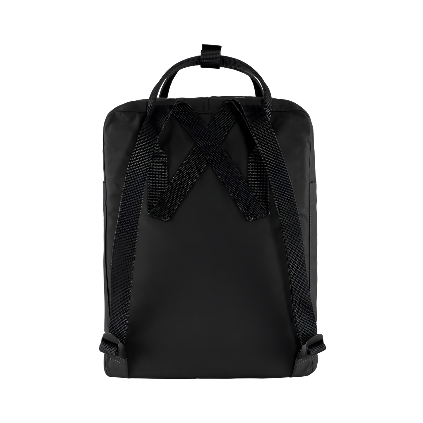 Back view of The Fjallraven Kanken Black Backpack which is made from hard-wearing Vinylon F fabric and features a spacious main compartment with a full-length zip, removable PE foam seat cushion, two flat side pockets, a zipped front pocket, adjustable shoulder straps, and top handles. Durable and practical backpack for everyday use.