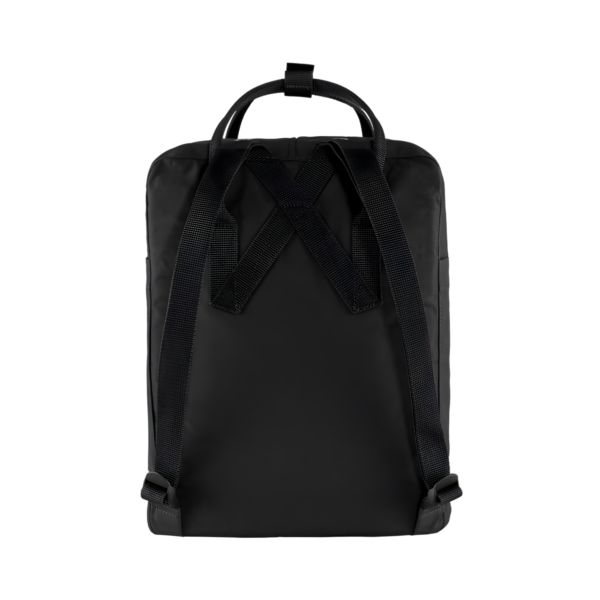 Back view of The Fjallraven Kanken Black Backpack which is made from hard-wearing Vinylon F fabric and features a spacious main compartment with a full-length zip, removable PE foam seat cushion, two flat side pockets, a zipped front pocket, adjustable shoulder straps, and top handles. Durable and practical backpack for everyday use.