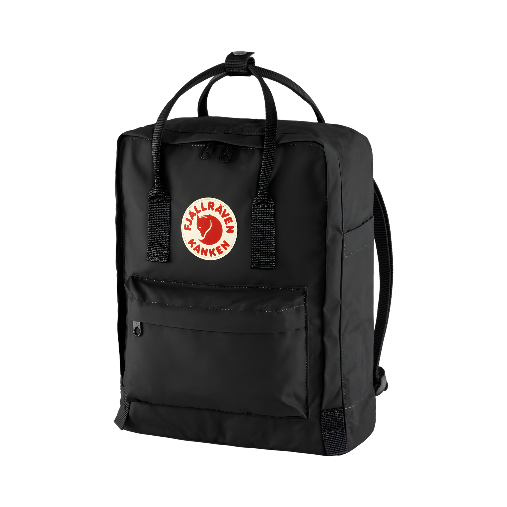 Semi front view of The Fjallraven Kanken Black Backpack made from hard-wearing Vinylon F fabric and features a spacious main compartment with a full-length zip, removable PE foam seat cushion, two flat side pockets, a zipped front pocket, adjustable shoulder straps, and top handles. Designed for school, work, trekking, and travel, it includes a reflective logo and an internal address label, making it a durable and practical backpack for everyday use.