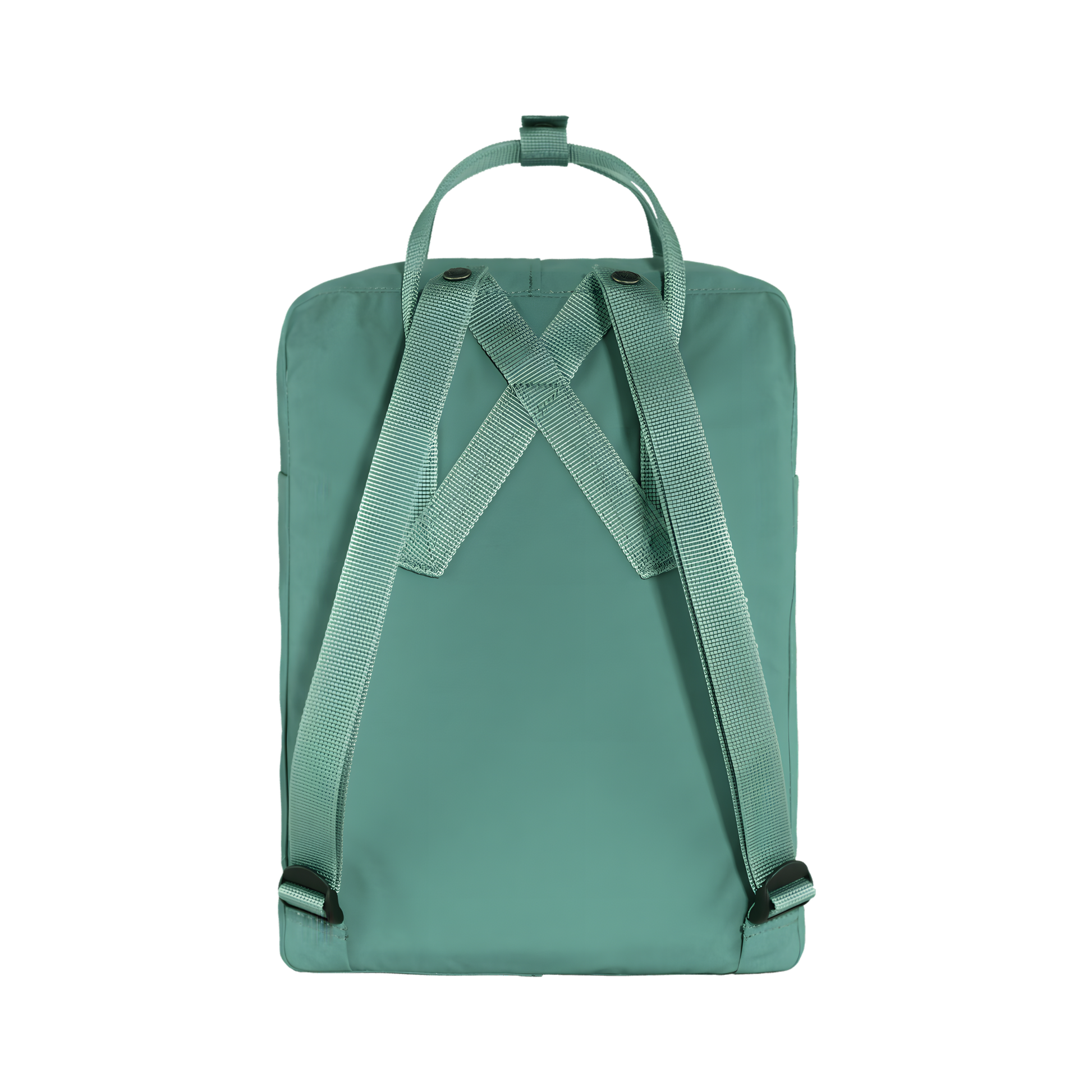Back view of The Fjallraven Kanken Frost Green Backpack which is made from hard-wearing Vinylon F fabric and features a spacious main compartment with a full-length zip, removable PE foam seat cushion, two flat side pockets, a zipped front pocket, adjustable shoulder straps, and top handles. Durable and practical backpack for everyday use.