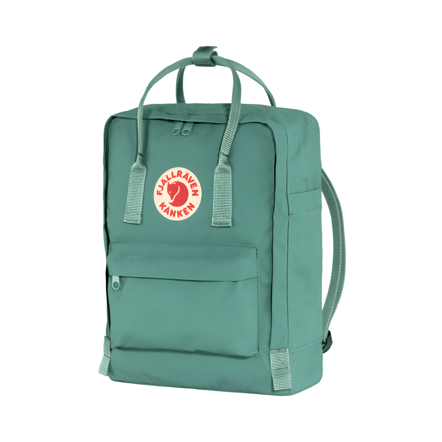 Semi front view of The Fjallraven Kanken Frost Green Backpack made from hard-wearing Vinylon F fabric and features a spacious main compartment with a full-length zip, removable PE foam seat cushion, two flat side pockets, a zipped front pocket, adjustable shoulder straps, and top handles. Designed for school, work, trekking, and travel, it includes a reflective logo and an internal address label, making it a durable and practical backpack for everyday use.