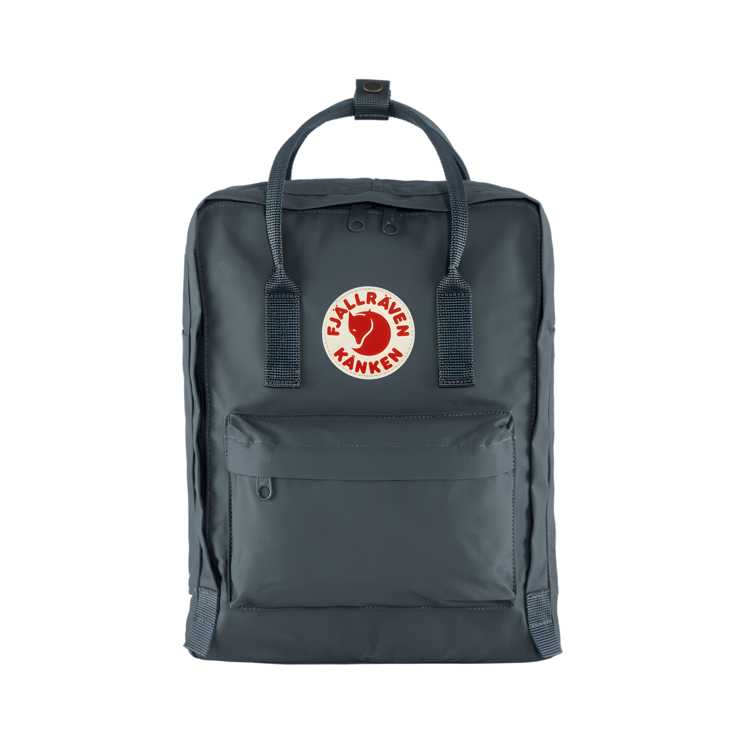 Front view of The Fjallraven Kanken Graphite Backpack made from hard-wearing Vinylon F fabric and features a spacious main compartment with a full-length zip, removable PE foam seat cushion, two flat side pockets, a zipped front pocket, adjustable shoulder straps, and top handles. Designed for school, work, trekking, and travel, it includes a reflective logo and an internal address label, making it a durable and practical backpack for everyday use.