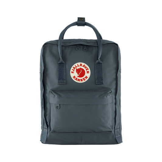 Front view of The Fjallraven Kanken Graphite Backpack made from hard-wearing Vinylon F fabric and features a spacious main compartment with a full-length zip, removable PE foam seat cushion, two flat side pockets, a zipped front pocket, adjustable shoulder straps, and top handles. Designed for school, work, trekking, and travel, it includes a reflective logo and an internal address label, making it a durable and practical backpack for everyday use.