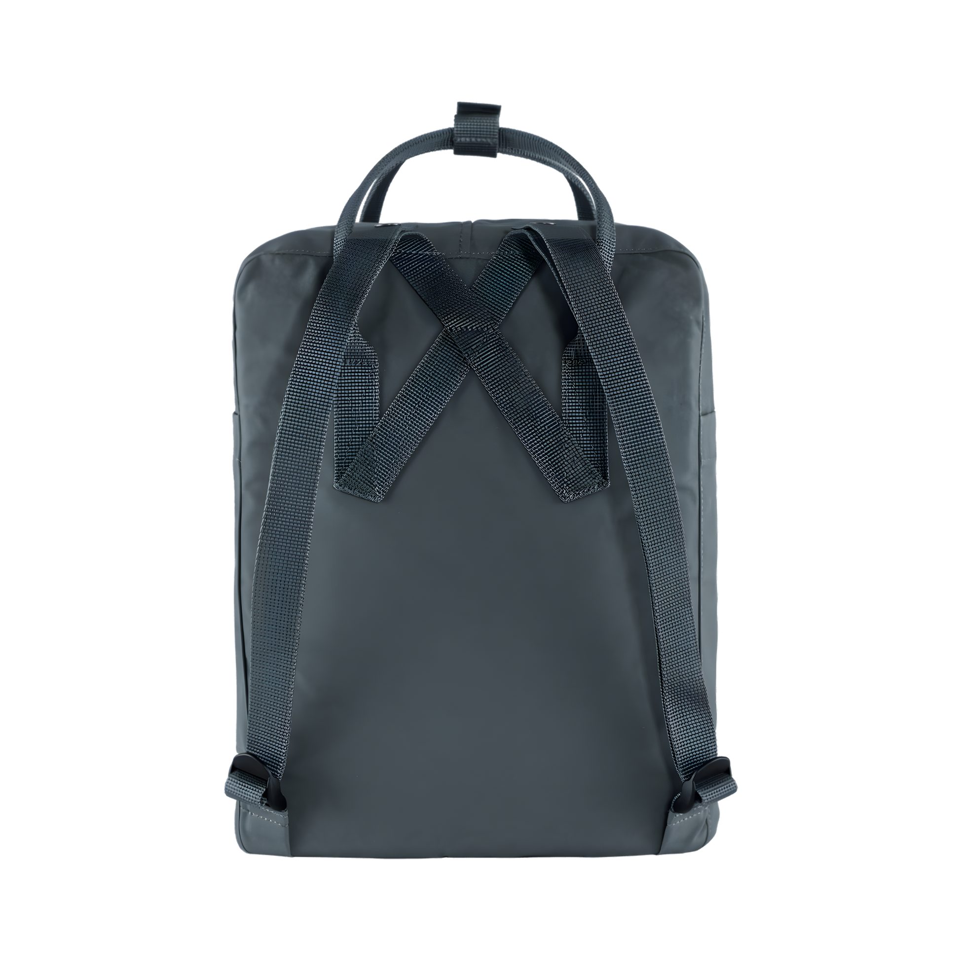 Back view of The Fjallraven Kanken Graphite Backpack made from hard-wearing Vinylon F fabric and features a spacious main compartment with a full-length zip, removable PE foam seat cushion, two flat side pockets, a zipped front pocket, adjustable shoulder straps, and top handles. Designed for school, work, trekking, and travel, it includes a reflective logo and an internal address label, making it a durable and practical backpack for everyday use.