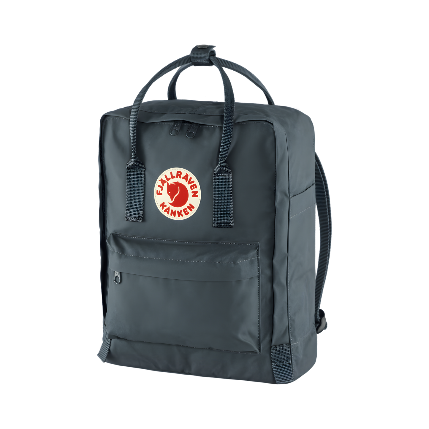 Semi front view of The Fjallraven Kanken Graphite Backpack made from hard-wearing Vinylon F fabric and features a spacious main compartment with a full-length zip, removable PE foam seat cushion, two flat side pockets, a zipped front pocket, adjustable shoulder straps, and top handles. Designed for school, work, trekking, and travel, it includes a reflective logo and an internal address label, making it a durable and practical backpack for everyday use.
