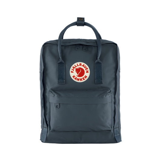 Front view of The Fjallraven Kanken Navy Backpack which is made from hard-wearing Vinylon F fabric and features a spacious main compartment with a full-length zip, removable PE foam seat cushion, two flat side pockets, a zipped front pocket, adjustable shoulder straps, and top handles. Durable and practical backpack for everyday use.
