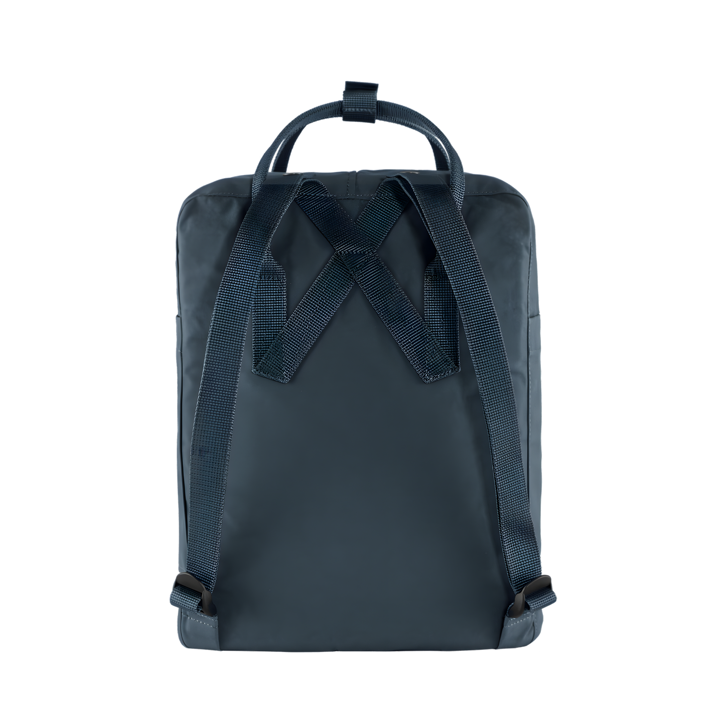 Back view of The Fjallraven Kanken Navy Backpack made from hard-wearing Vinylon F fabric and features a spacious main compartment with a full-length zip, removable PE foam seat cushion, two flat side pockets, a zipped front pocket, adjustable shoulder straps, and top handles. Designed for school, work, trekking, and travel, it includes a reflective logo and an internal address label, making it a durable and practical backpack for everyday use.