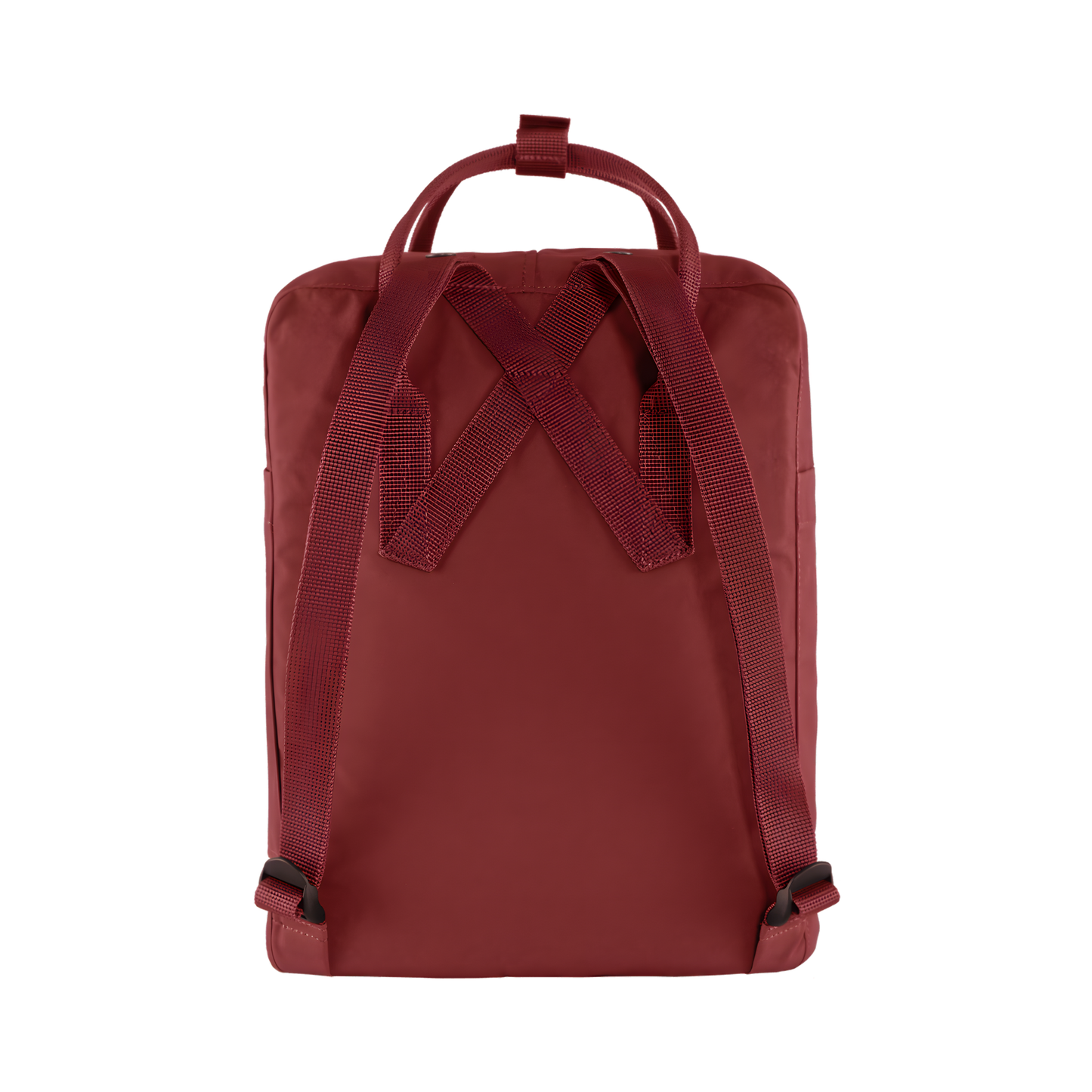 Back view of The Fjallraven Kanken Ox Red Backpack made from hard-wearing Vinylon F fabric and features a spacious main compartment with a full-length zip, removable PE foam seat cushion, two flat side pockets, a zipped front pocket, adjustable shoulder straps, and top handles. Designed for school, work, trekking, and travel, it includes a reflective logo and an internal address label, making it a durable and practical backpack for everyday use.