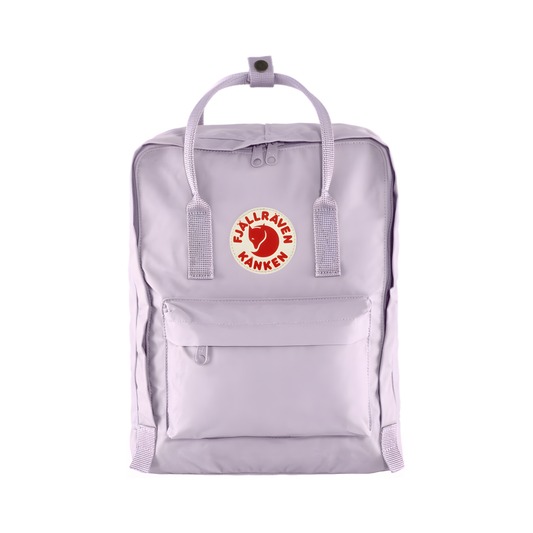 Front view of The Fjallraven Kanken Pastel Lavender Backpack which is made from hard-wearing Vinylon F fabric and features a spacious main compartment with a full-length zip, removable PE foam seat cushion, two flat side pockets, a zipped front pocket, adjustable shoulder straps, and top handles. Durable and practical backpack for everyday use.