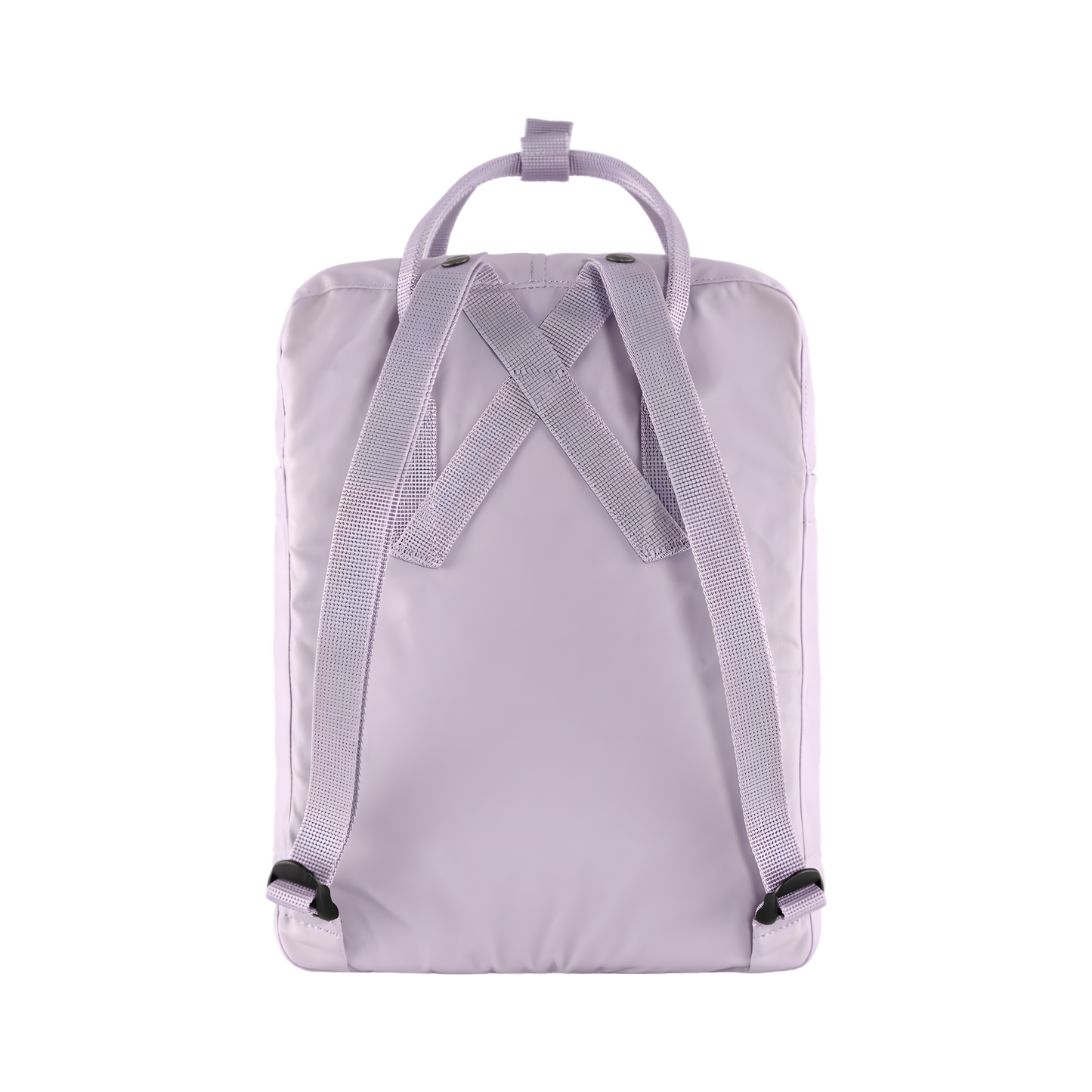 Back view of The Fjallraven Kanken Pastel Lavender Backpack made from hard-wearing Vinylon F fabric and features a spacious main compartment with a full-length zip, removable PE foam seat cushion, two flat side pockets, a zipped front pocket, adjustable shoulder straps, and top handles. Designed for school, work, trekking, and travel, it includes a reflective logo and an internal address label, making it a durable and practical backpack for everyday use.