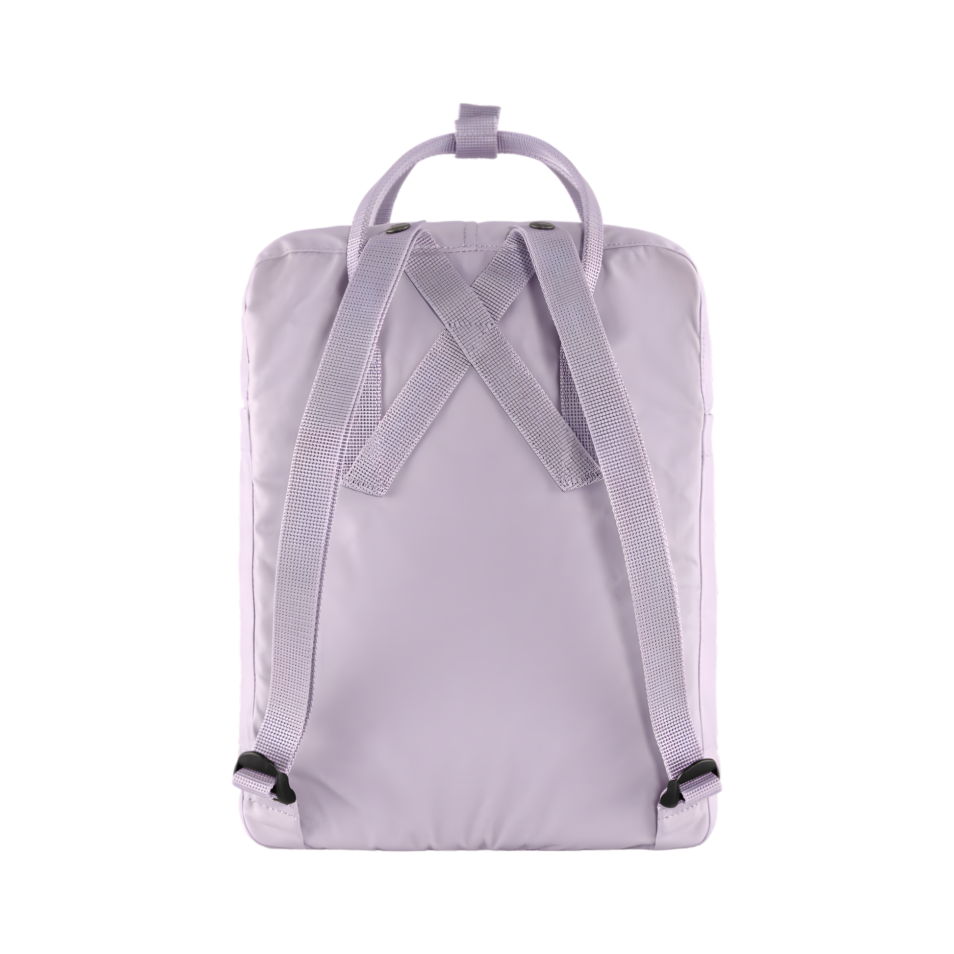 Back view of The Fjallraven Kanken Pastel Lavender Backpack made from hard-wearing Vinylon F fabric and features a spacious main compartment with a full-length zip, removable PE foam seat cushion, two flat side pockets, a zipped front pocket, adjustable shoulder straps, and top handles. Designed for school, work, trekking, and travel, it includes a reflective logo and an internal address label, making it a durable and practical backpack for everyday use.