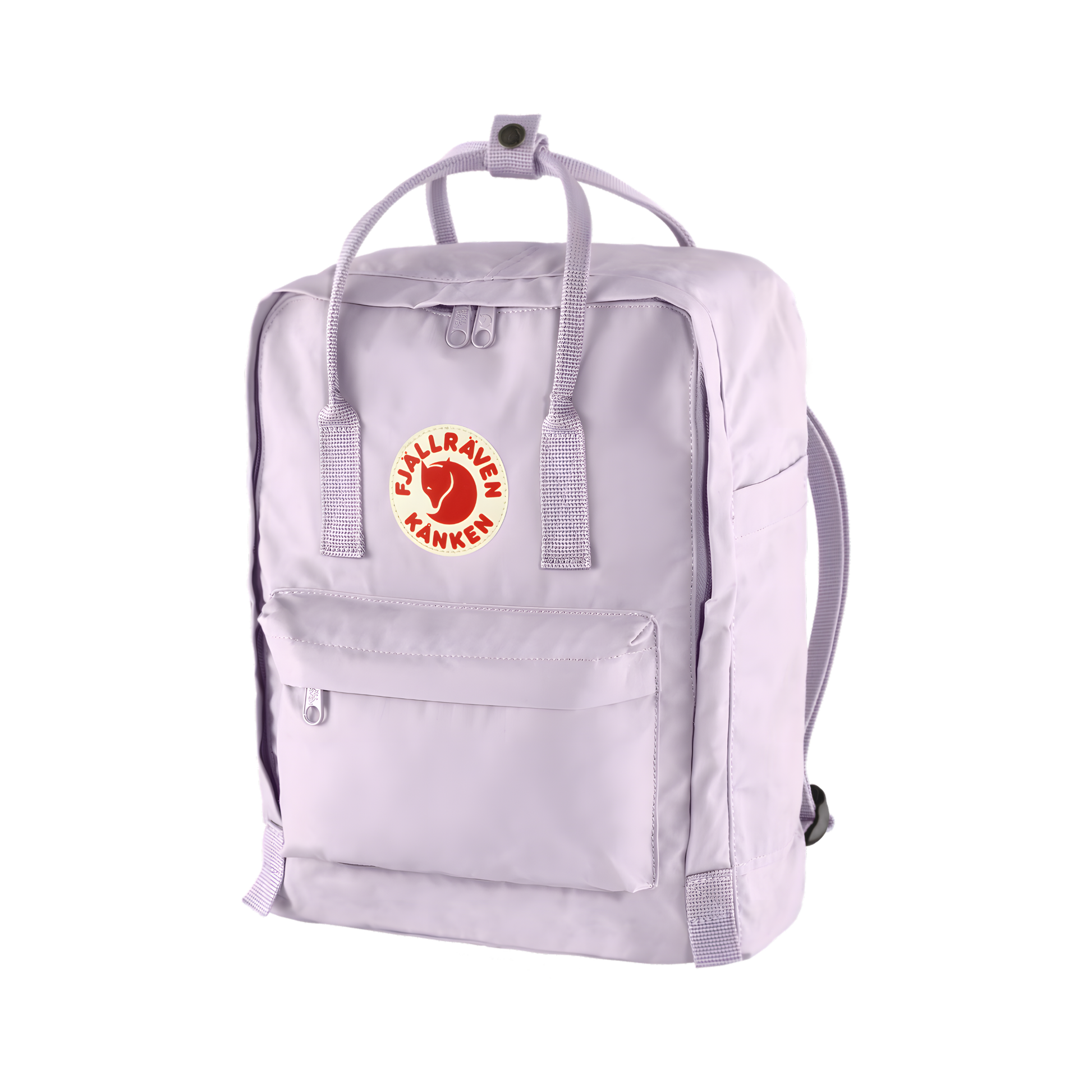 Semi front view of The Fjallraven Kanken Pastel Lavender Backpack made from hard-wearing Vinylon F fabric and features a spacious main compartment with a full-length zip, removable PE foam seat cushion, two flat side pockets, a zipped front pocket, adjustable shoulder straps, and top handles. Designed for school, work, trekking, and travel, it includes a reflective logo and an internal address label, making it a durable and practical backpack for everyday use.