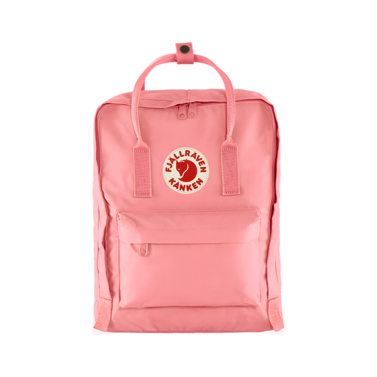 Front view of The Fjallraven Kanken Pink Backpack made from hard-wearing Vinylon F fabric and features a spacious main compartment with a full-length zip, removable PE foam seat cushion, two flat side pockets, a zipped front pocket, adjustable shoulder straps, and top handles. Designed for school, work, trekking, and travel, it includes a reflective logo and an internal address label, making it a durable and practical backpack for everyday use.