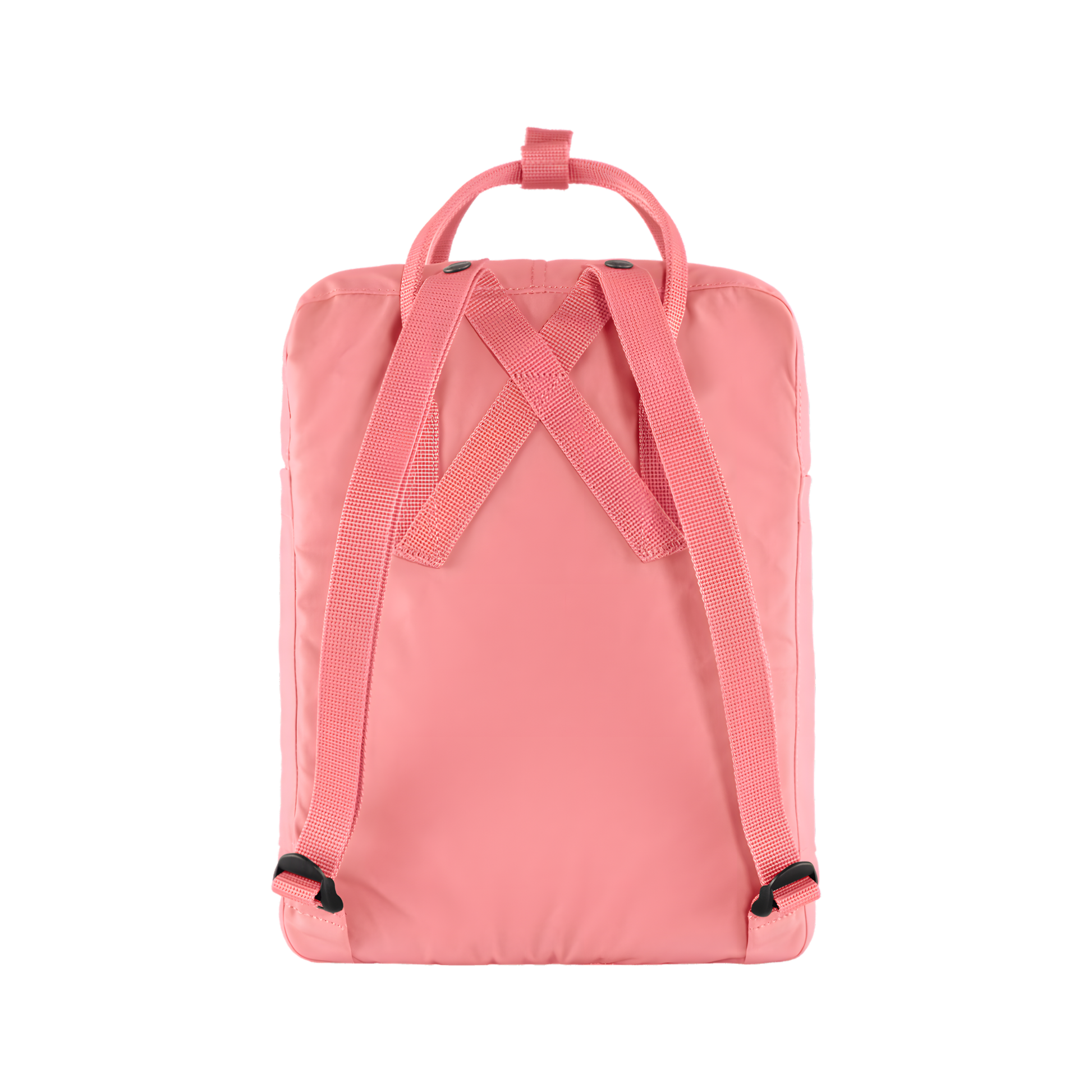 Back view of The Fjallraven Kanken Pink Backpack made from hard-wearing Vinylon F fabric and features a spacious main compartment with a full-length zip, removable PE foam seat cushion, two flat side pockets, a zipped front pocket, adjustable shoulder straps, and top handles. Designed for school, work, trekking, and travel, it includes a reflective logo and an internal address label, making it a durable and practical backpack for everyday use.