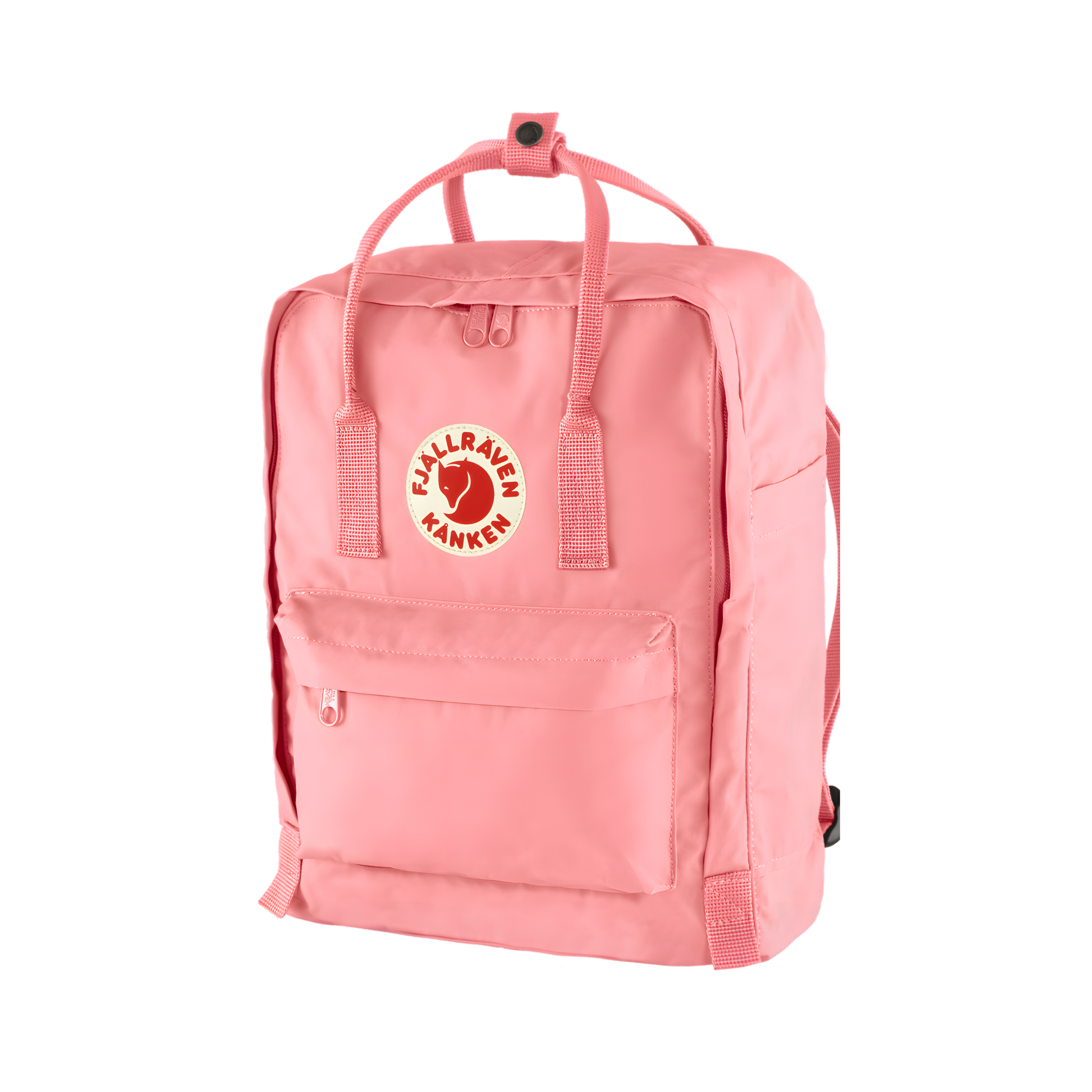 Semi front view of The Fjallraven Kanken Pink Backpack made from hard-wearing Vinylon F fabric and features a spacious main compartment with a full-length zip, removable PE foam seat cushion, two flat side pockets, a zipped front pocket, adjustable shoulder straps, and top handles. Designed for school, work, trekking, and travel, it includes a reflective logo and an internal address label, making it a durable and practical backpack for everyday use.