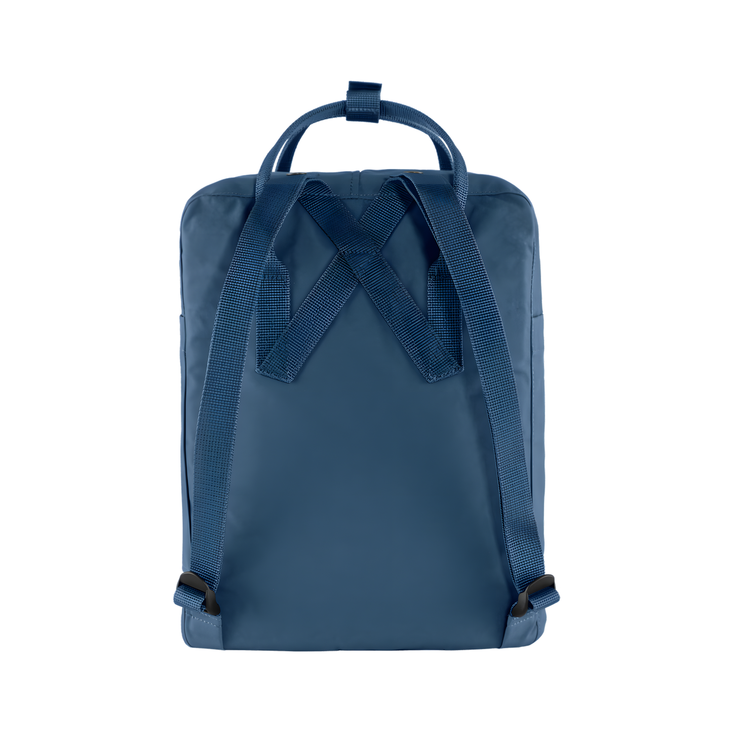 Back view of The Fjallraven Kanken Royal Blue Backpack made from hard-wearing Vinylon F fabric and features a spacious main compartment with a full-length zip, removable PE foam seat cushion, two flat side pockets, a zipped front pocket, adjustable shoulder straps, and top handles. Designed for school, work, trekking, and travel, it includes a reflective logo and an internal address label, making it a durable and practical backpack for everyday use.