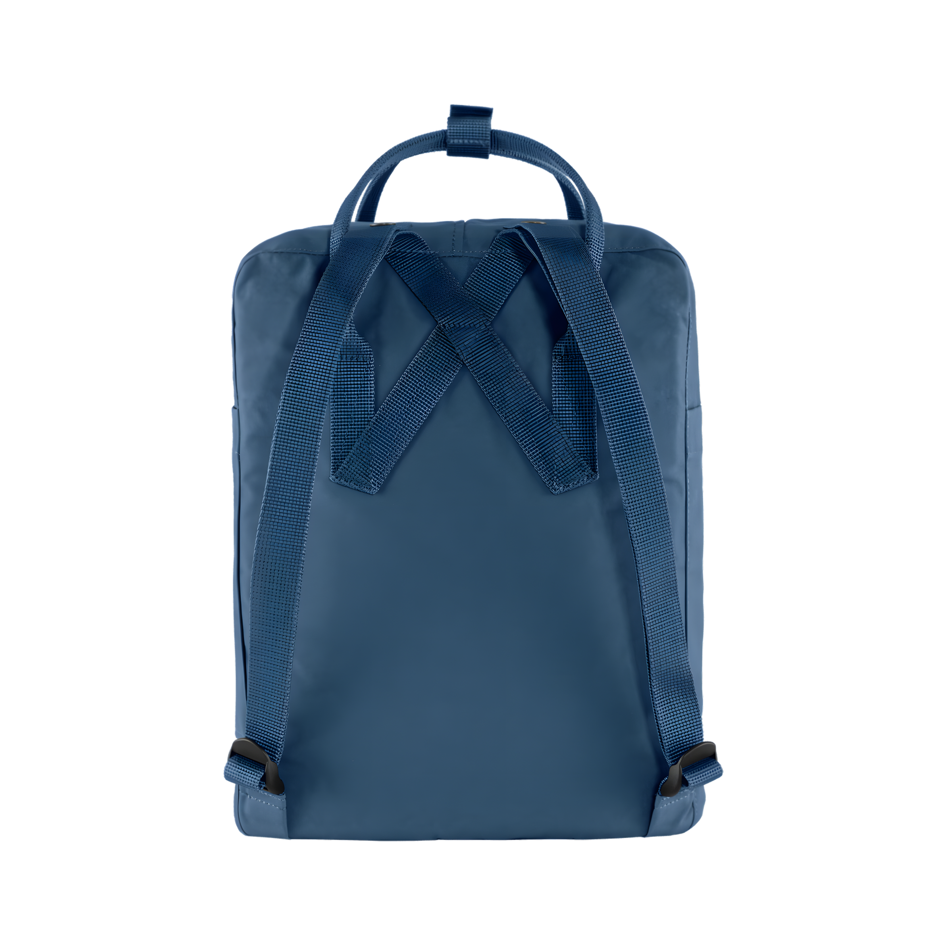Back view of The Fjallraven Kanken Royal Blue Backpack made from hard-wearing Vinylon F fabric and features a spacious main compartment with a full-length zip, removable PE foam seat cushion, two flat side pockets, a zipped front pocket, adjustable shoulder straps, and top handles. Designed for school, work, trekking, and travel, it includes a reflective logo and an internal address label, making it a durable and practical backpack for everyday use.