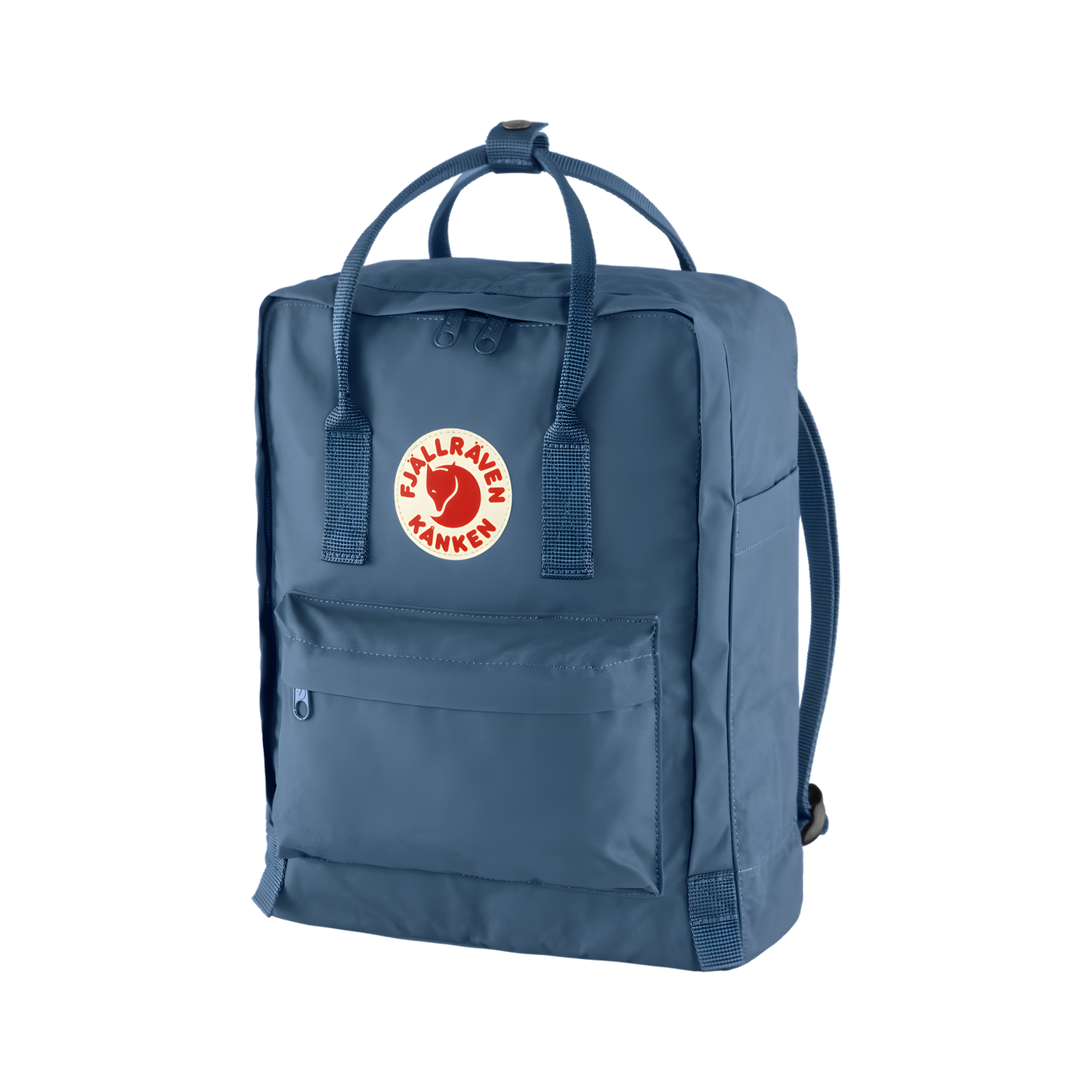 Semi front view of The Fjallraven Kanken Royal Blue Backpack made from hard-wearing Vinylon F fabric and features a spacious main compartment with a full-length zip, removable PE foam seat cushion, two flat side pockets, a zipped front pocket, adjustable shoulder straps, and top handles. Designed for school, work, trekking, and travel, it includes a reflective logo and an internal address label, making it a durable and practical backpack for everyday use.