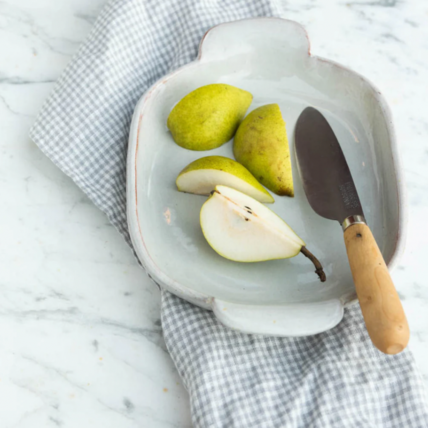 Fog Linen cloth tea towel jesse on marble table under plate of pears 