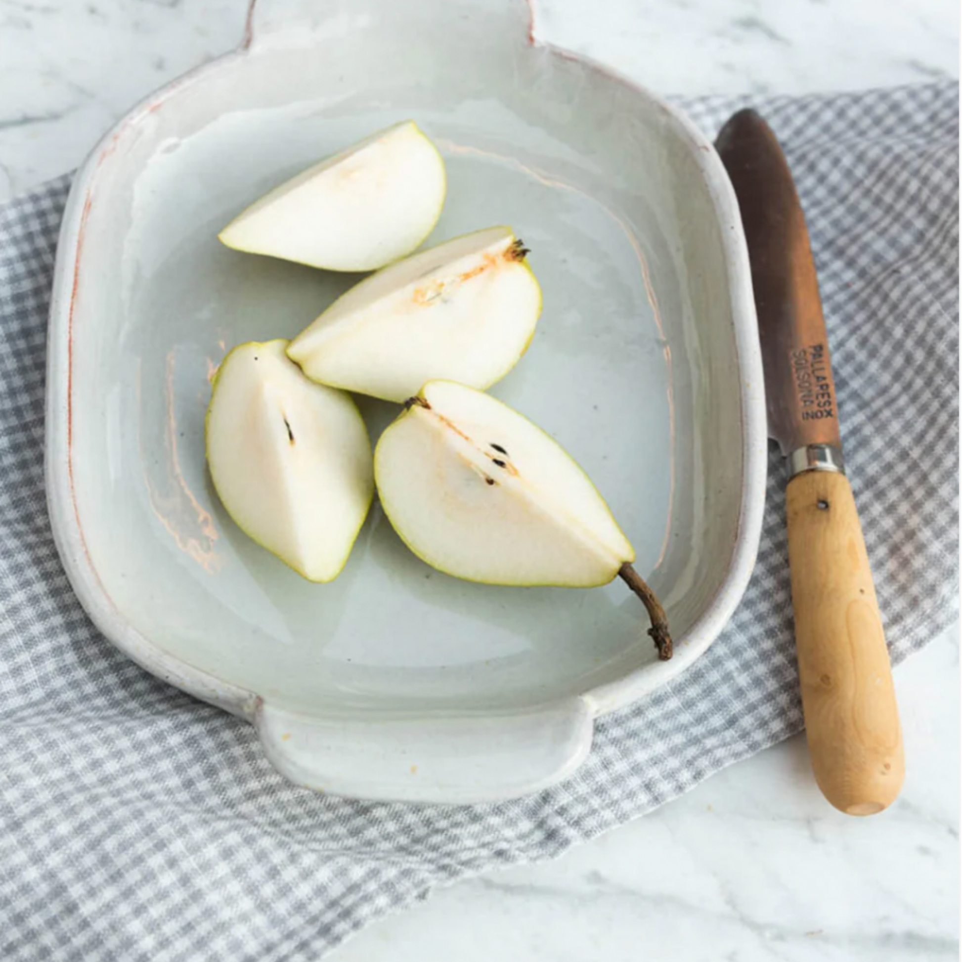 Fog Linen cloth tea towel jesse on marble table under plate of pears 