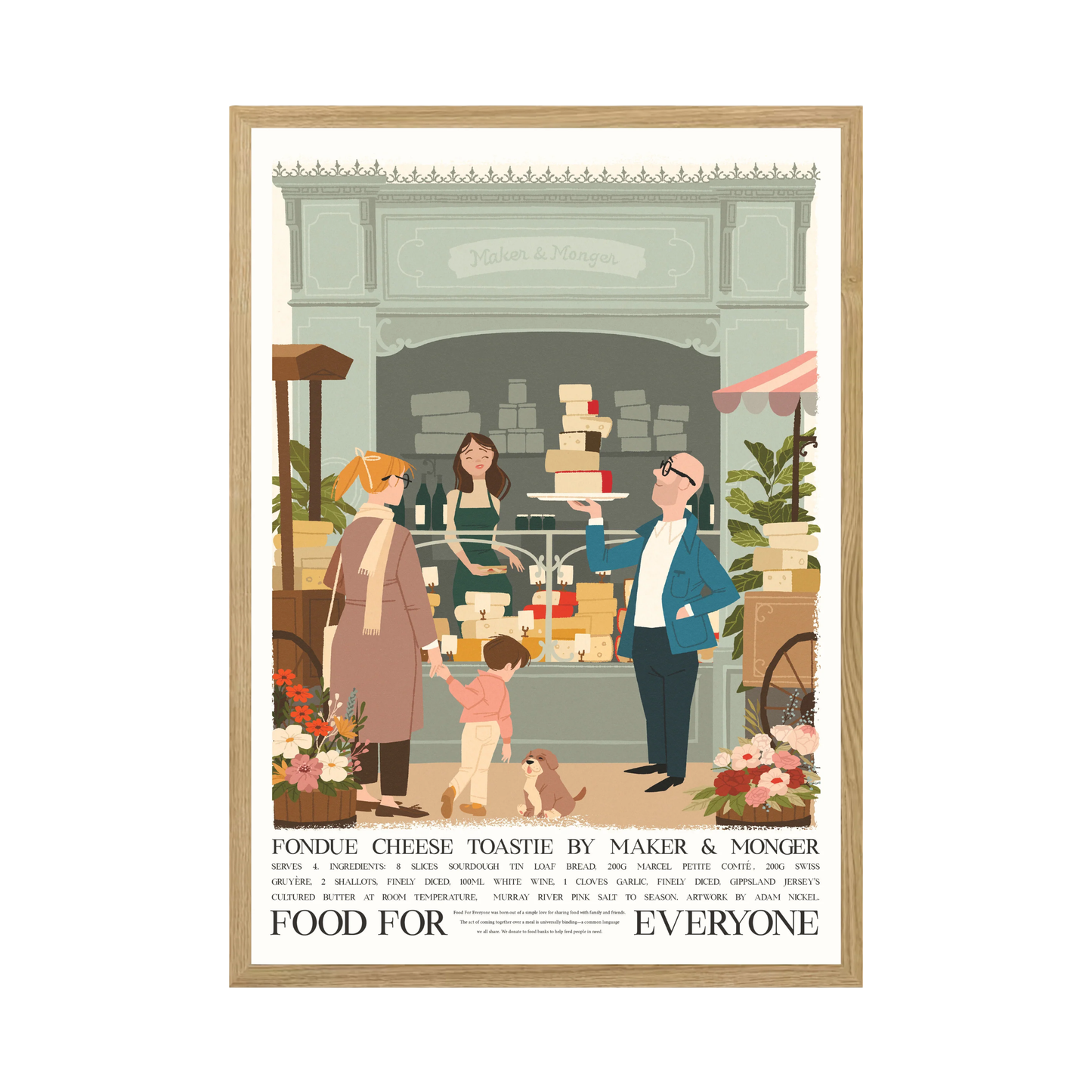 Front view of the Food For Everyone Poster A2 Fondue Cheese Toastie featuring an illustration of a market featuring different cheeses.