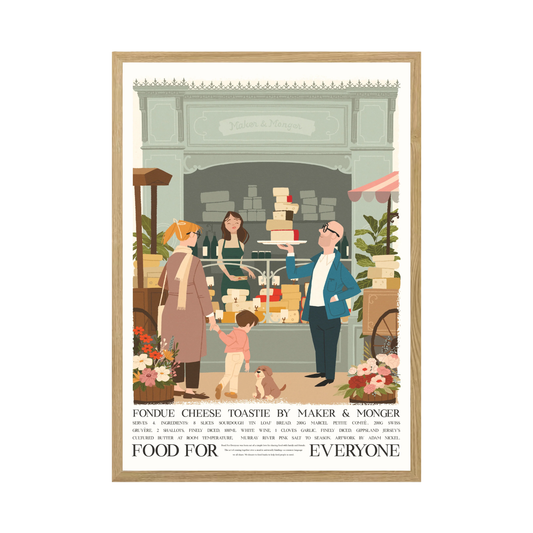 Front view of the Food For Everyone Poster A2 Fondue Cheese Toastie featuring an illustration of a market featuring different cheeses.