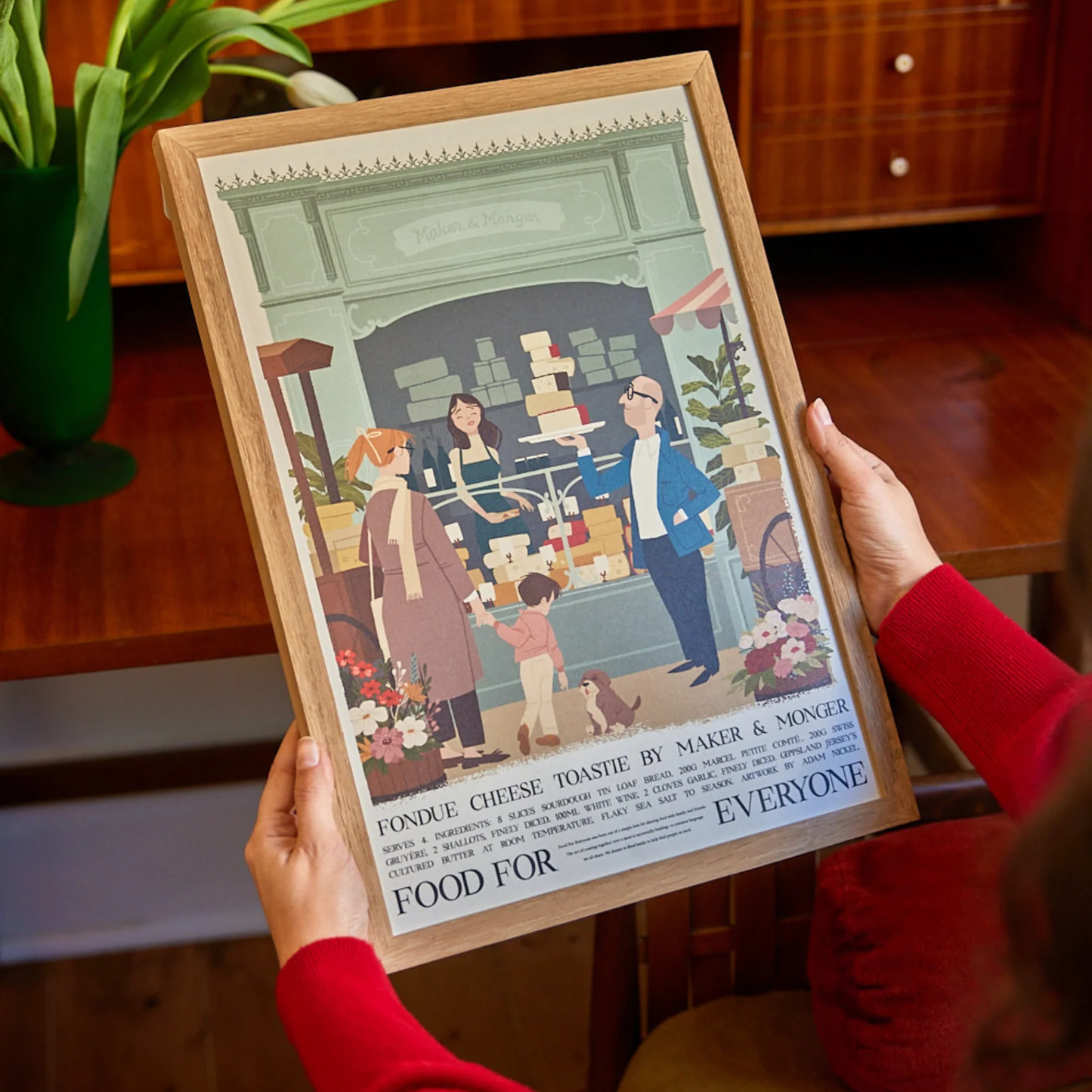 Food For Everyone Poster A2 Fondue Cheese Toastie featuring an illustration of a market featuring different cheeses, held by hands.