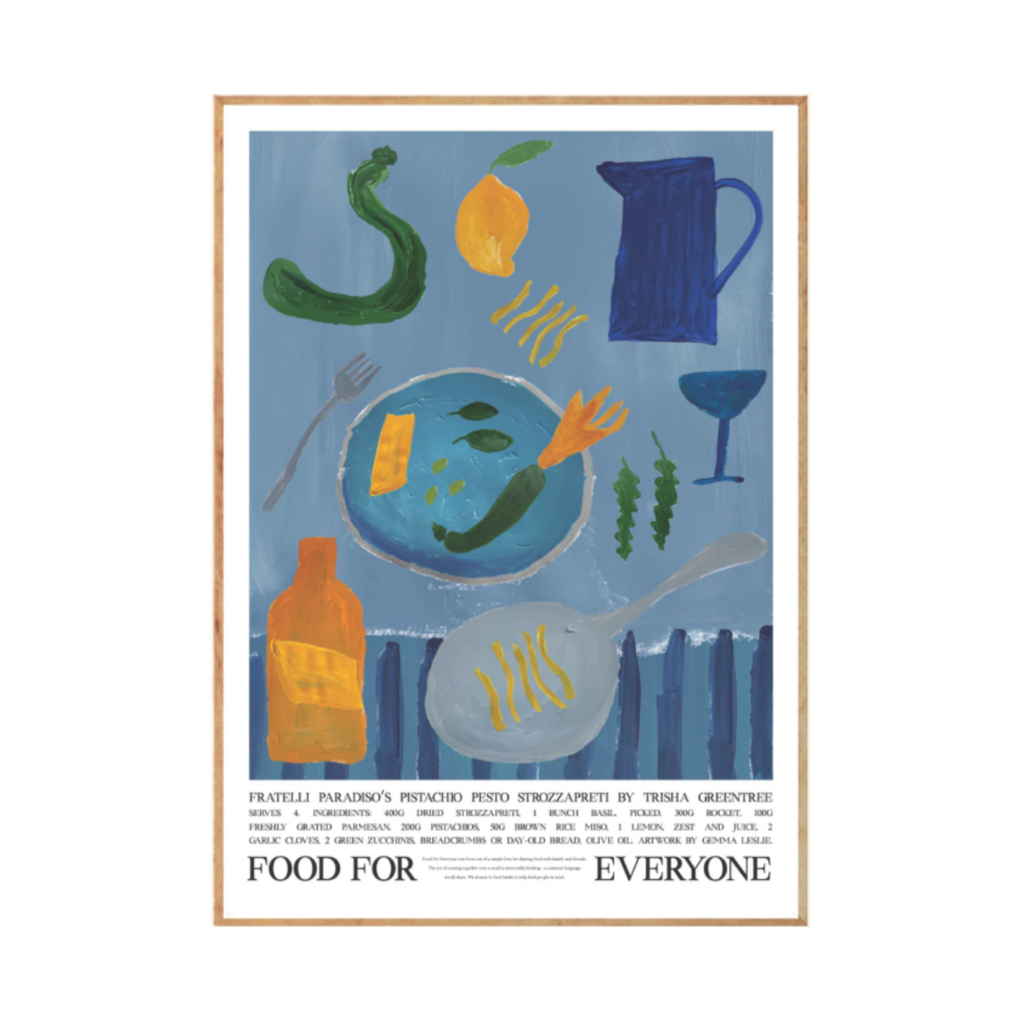 Food for Everyone Fratelli Paradiso Pistachio pesto strozzapreti Poster in calming blue tones by Gemma Leslie, inspired by Trisha Greentree's Pistachio Pesto Strozzapreti recipe; printed on recycled coffee cup paper, unframed