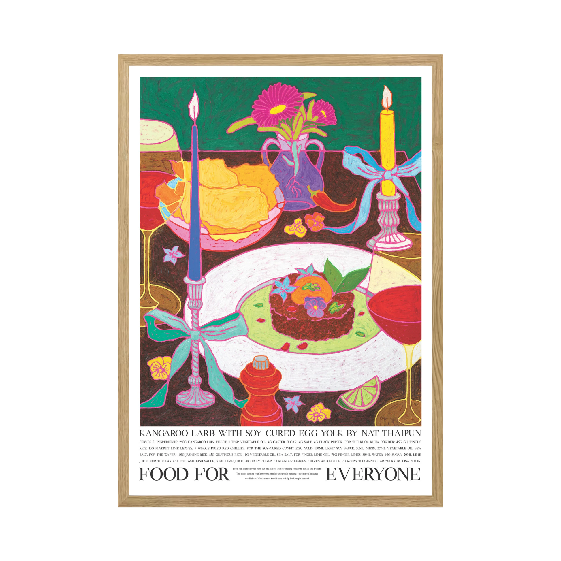 Front view of the Food For Everyone Poster A2 Kangaroo Larb in a dinner party scene, which is the dish that won on MasterChef Australia by Nat Thaipun.