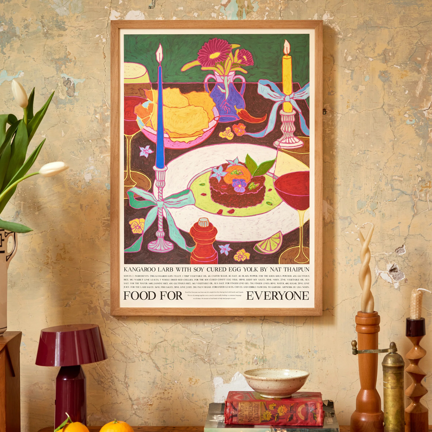 Food For Everyone Poster A2 Kangaroo Larb in a dinner party scene which is the dish that won on MasterChef Australia by Nat Thaipun, hung on the wall.