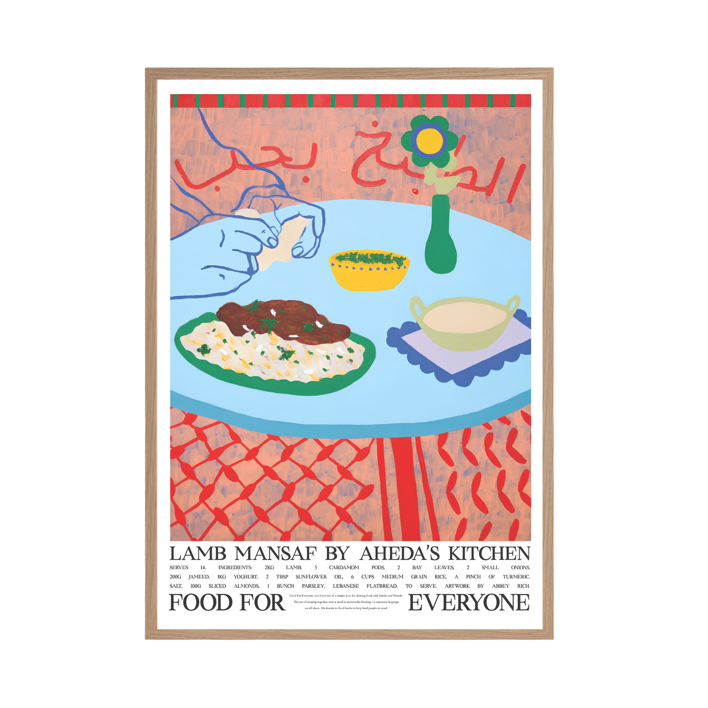 Front view of the Food For Everyone Poster A2 Lamb Mansaf an illustration of a spiced slow-cooked lamb with rice and a tangy jameed yoghurt sauce with recipe.