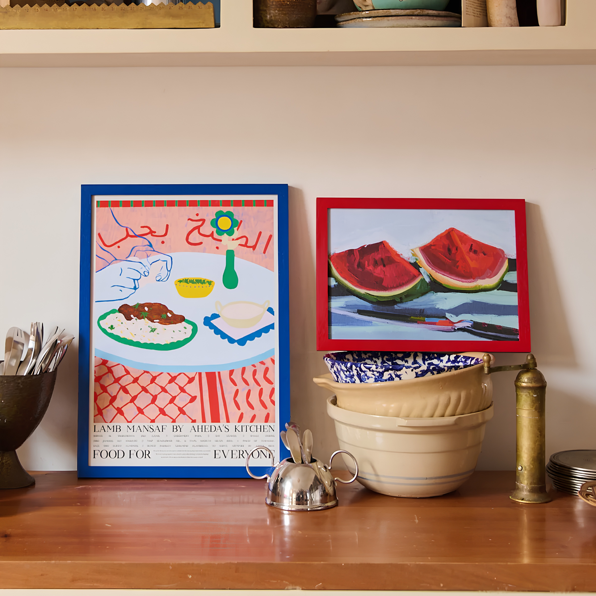 The Food For Everyone Poster A2 Lamb Mansaf on a cabinet leaning towards the wall, an illustration of a spiced slow-cooked lamb with rice and a tangy jameed yoghurt sauce with recipe.