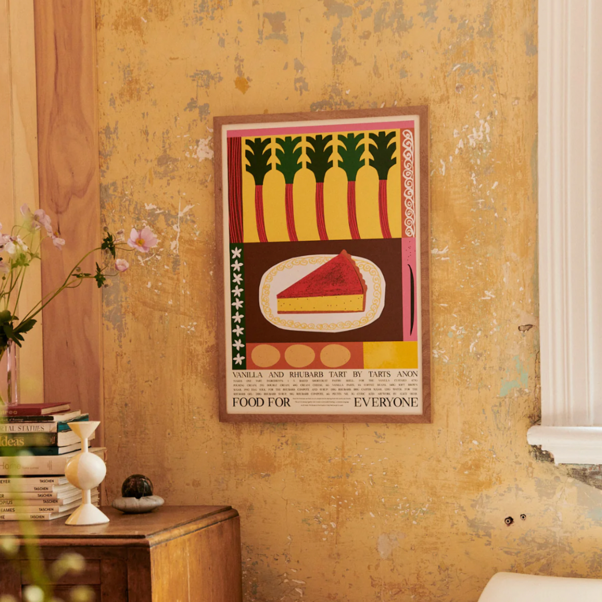 Food For Everyone Vanilla and Rhubarb Tart artwork A2 front view in frame hanging in living room