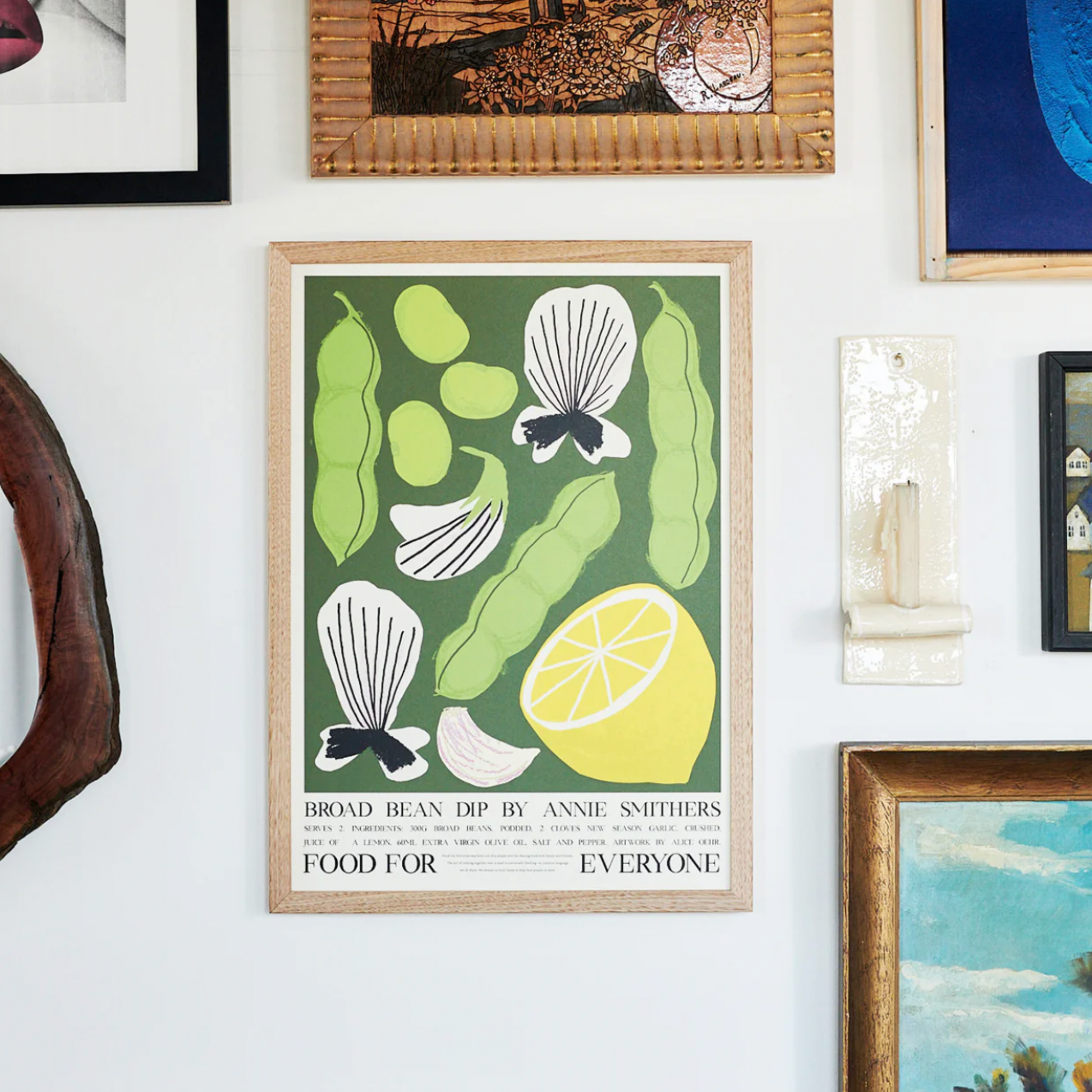 Food For Everyone Broad Bean Dip artwork A2 front view in frame hanging on picture wall