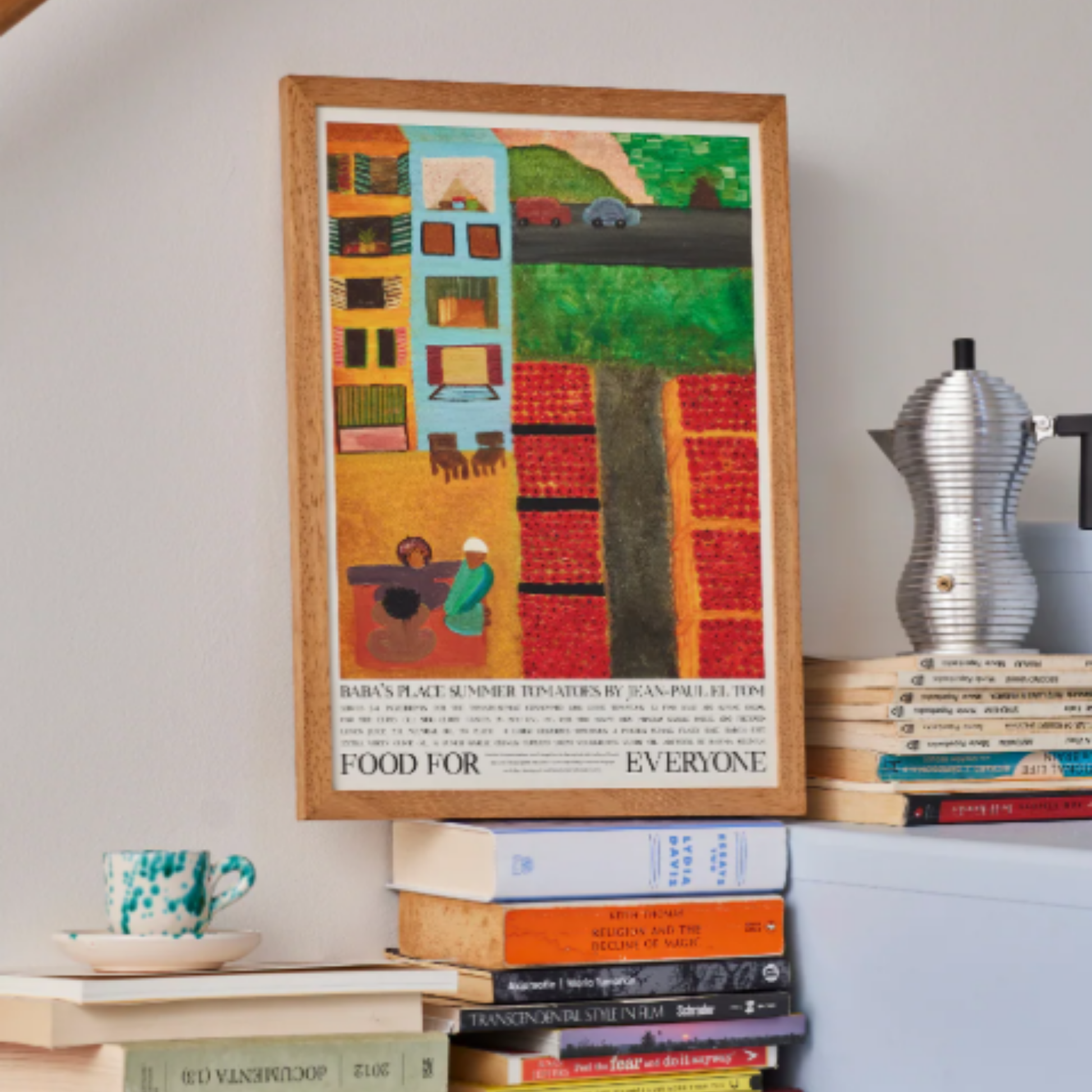 Shown on the stairs above the books Food for Everyone Limited Edition Baba's Place Poster A2 printed on recycled coffee cup paper, featuring Rahma Soliman's warm summer illustration inspired by chef Jean-Paul El Tom's tomato recipe; unframed