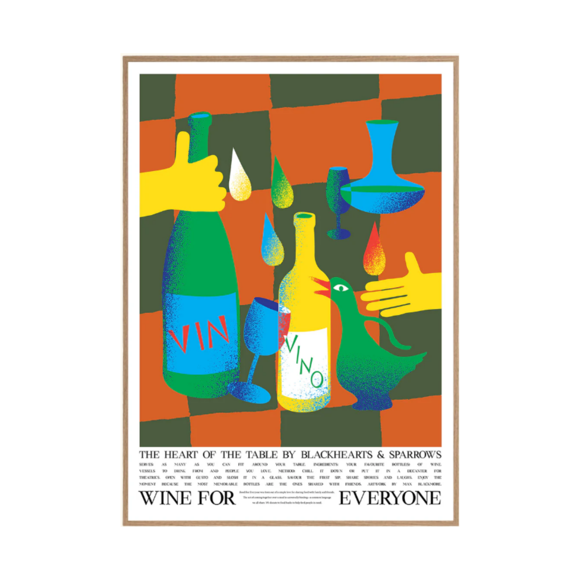 Food for Everyone Wine Poster created with Blackhearts & Sparrows and artist Max Blackmore, featuring warm wine tones that celebrate shared meals and laughter; printed on recycled paper, unframed