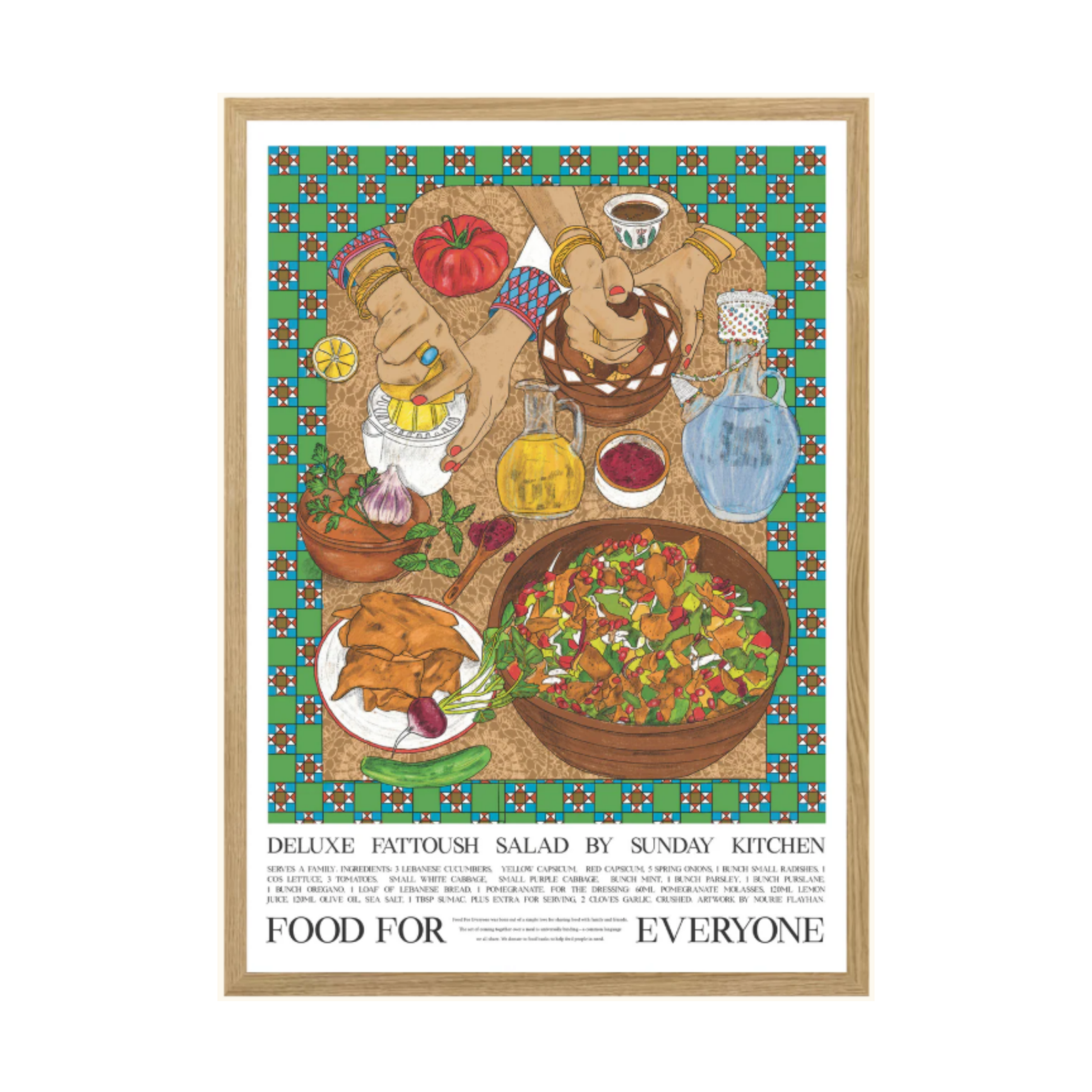 Food for Everyone Limited Edition Fattoush Salad Poster A2 printed on recycled coffee cup paper, featuring a vibrant Lebanese-inspired illustration by Nourie Flayhan celebrating heritage, family, and cooking with love; unframed