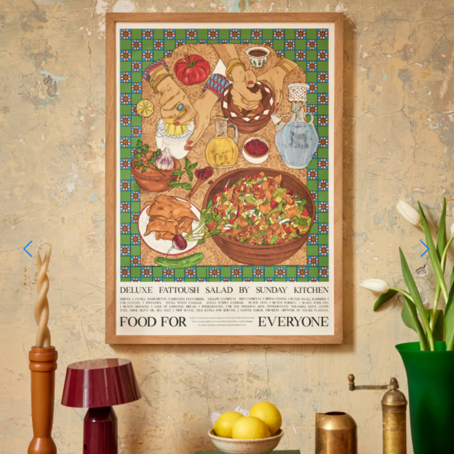 Hung on the wall Food for Everyone Limited Edition Fattoush Salad Poster A2 printed on recycled coffee cup paper, featuring a vibrant Lebanese-inspired illustration by Nourie Flayhan celebrating heritage, family, and cooking with love; unframed