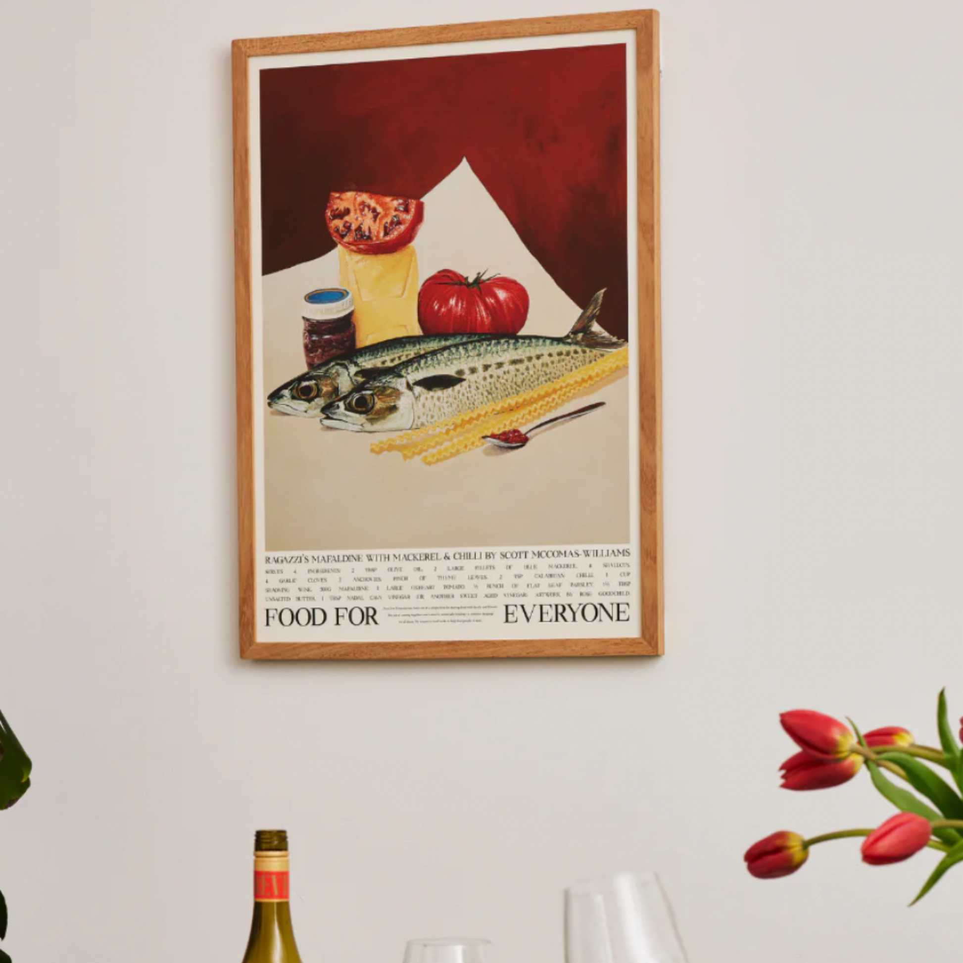 Food For Everyone Ragazzi's Mafaldine with Mackerel and Chilli artwork A2 in frame hanging above dining table