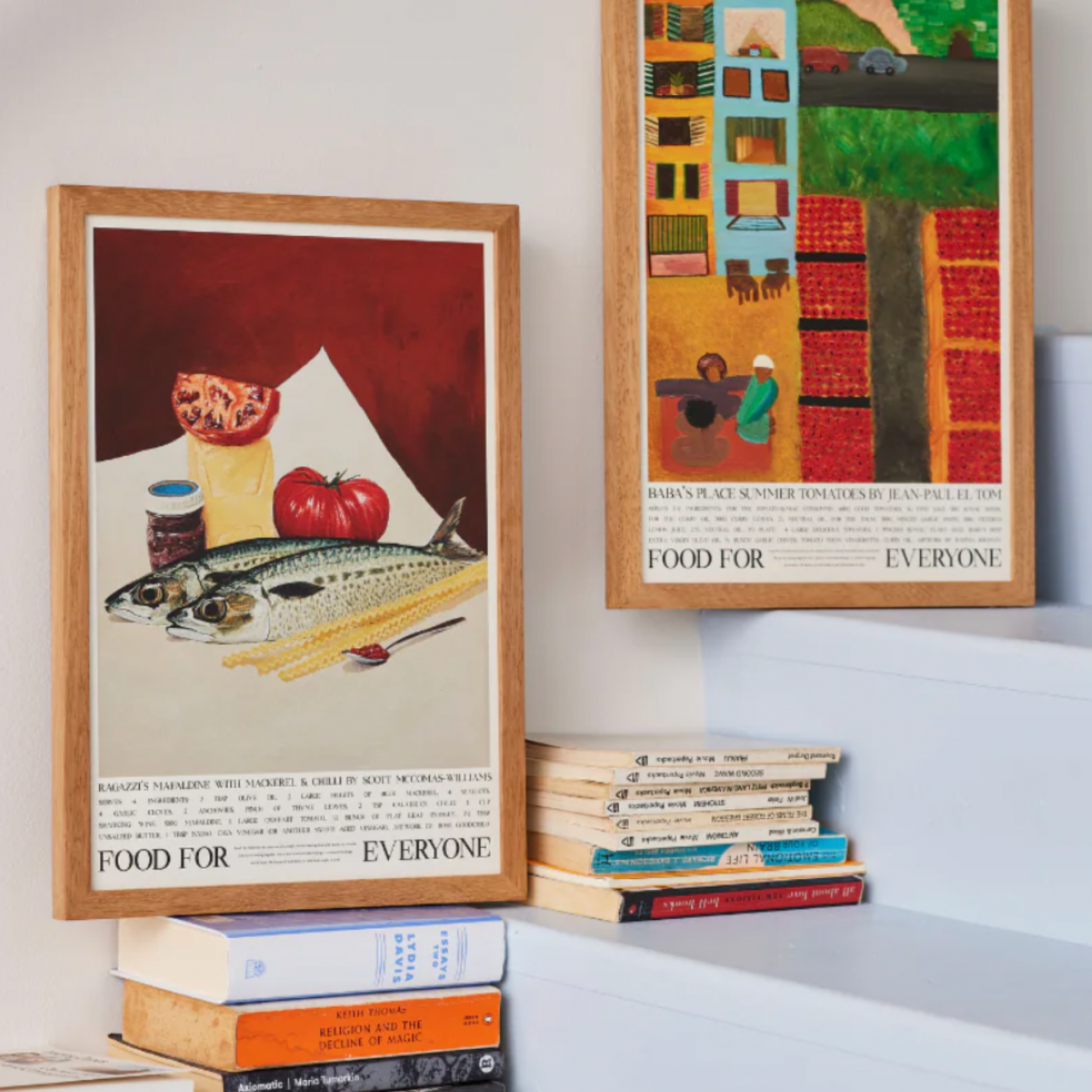 Food For Everyone Ragazzi's Mafaldine with Mackerel and Chilli artwork A2 in frame resting on books on staircase