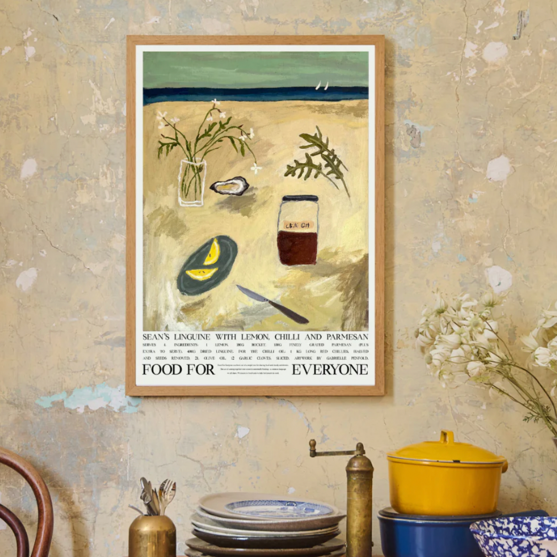 Food For Everyone Sean Moran Linguine artwork A2 front view in frame hanging in kitchen
