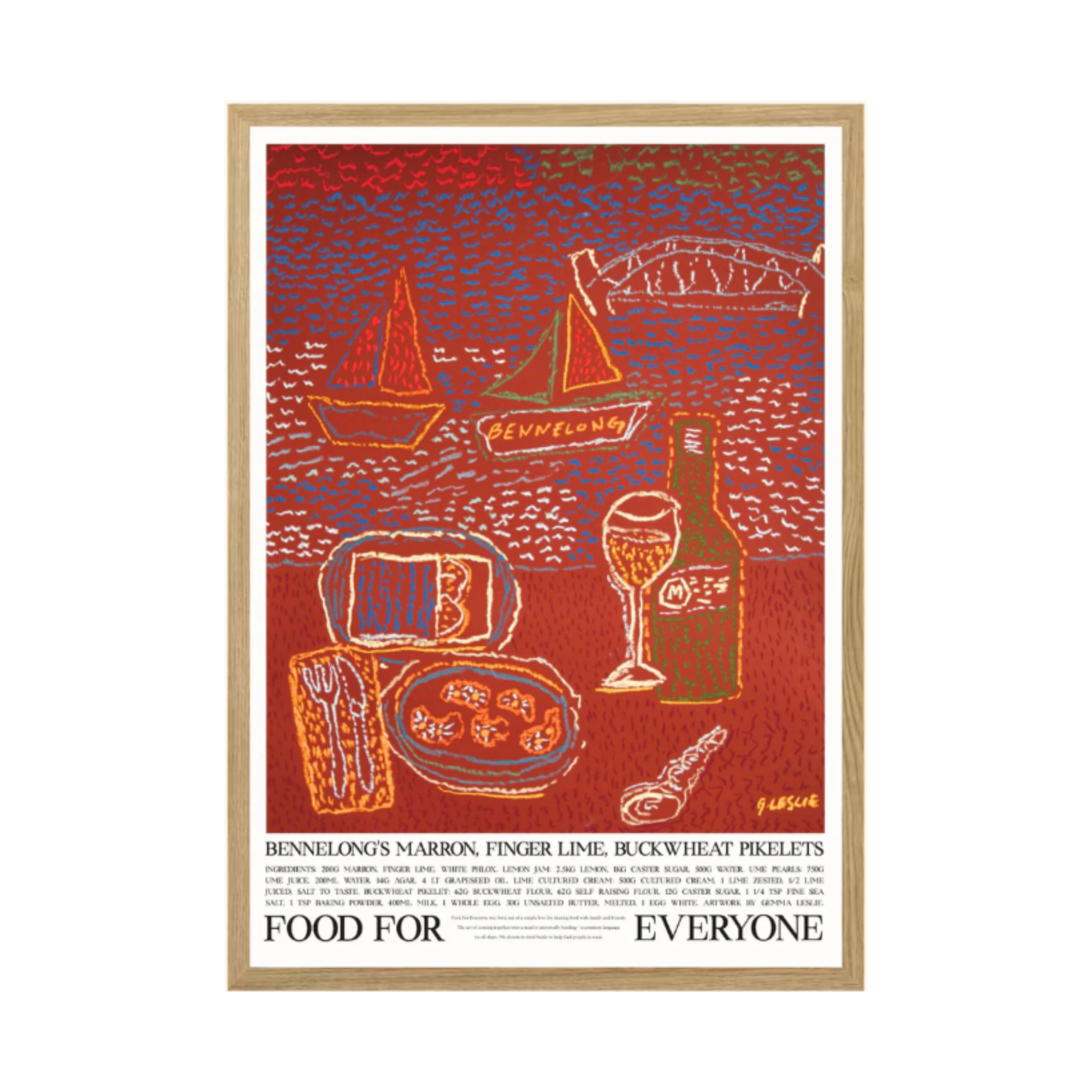 Food for Everyone Bennelong Poster by Gemma Leslie, featuring maroon interiors and Sydney Harbour views inspired by Peter Gilmore's dish; printed on recycled paper, unframed