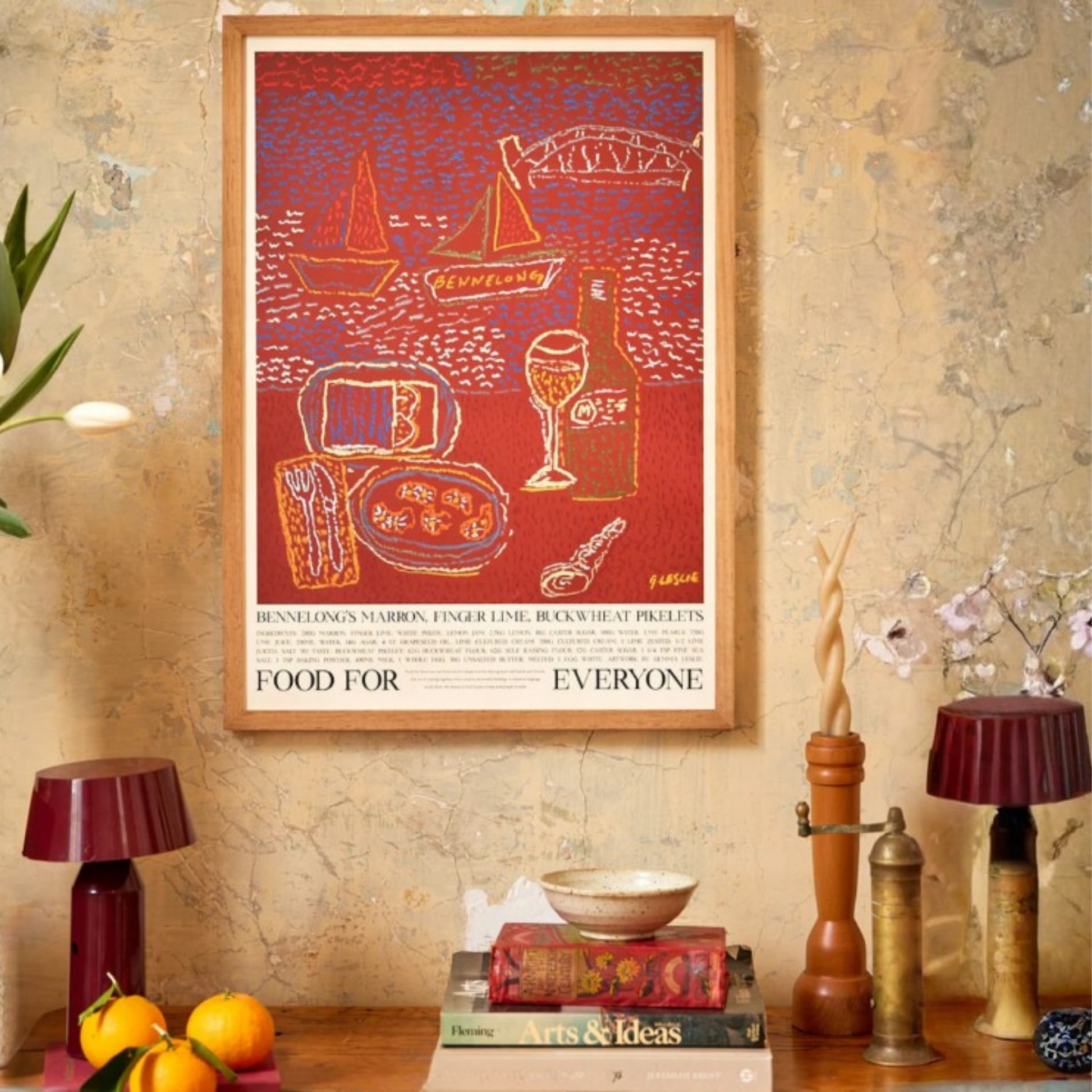Hung on the wall Food for Everyone Bennelong Poster by Gemma Leslie, featuring maroon interiors and Sydney Harbour views inspired by Peter Gilmore's dish; printed on recycled paper, unframed