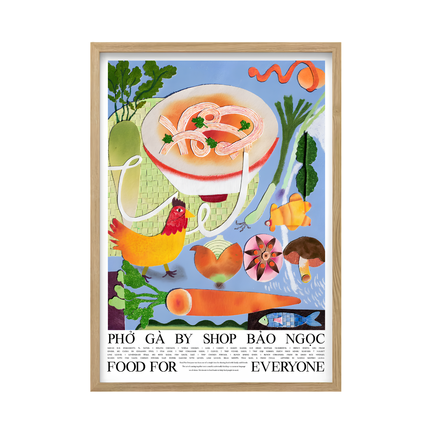 Front view of the Food For Everyone Poster A2 Pho Ga painting with layered collage technique, a bowl of Vietnamese chicken noodle soup.