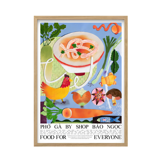 Front view of the Food For Everyone Poster A2 Pho Ga painting with layered collage technique, a bowl of Vietnamese chicken noodle soup.